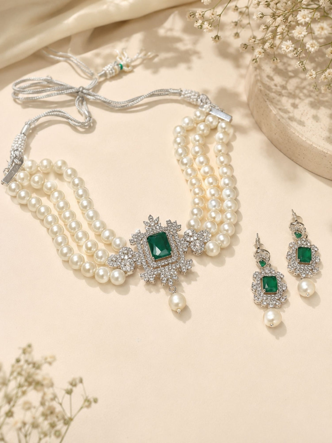 Green Stone Pearl Choker in Silver Plating – Bridal | Abdesigns