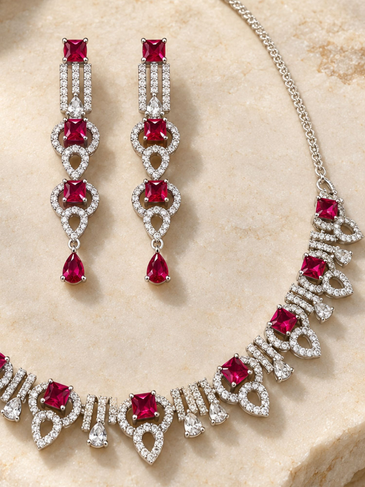 Silver Plated Ruby Pink AD Stone Necklace Set