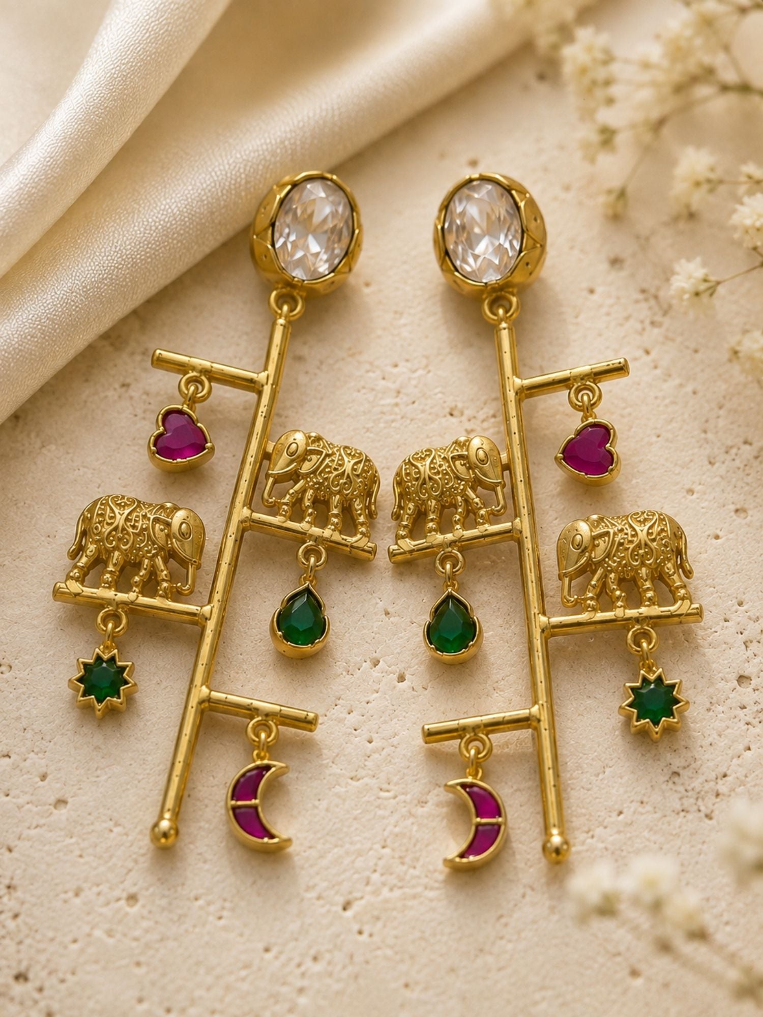 Gold Plated Multicolor Kundan Elephant Charm Long Drop Earrings for Women