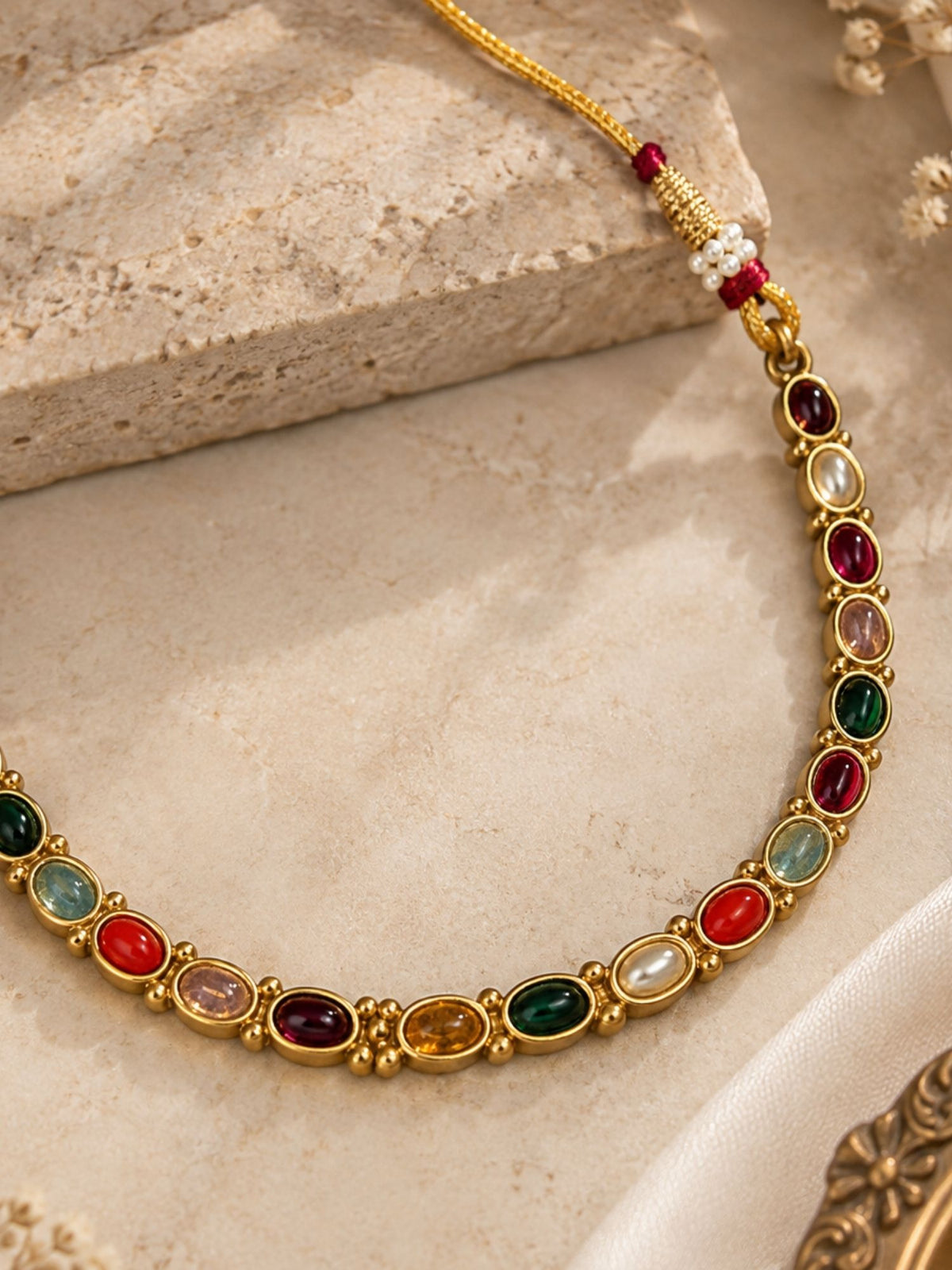 Gold Plated Multicolor Oval Stone Necklace Set with Earrings