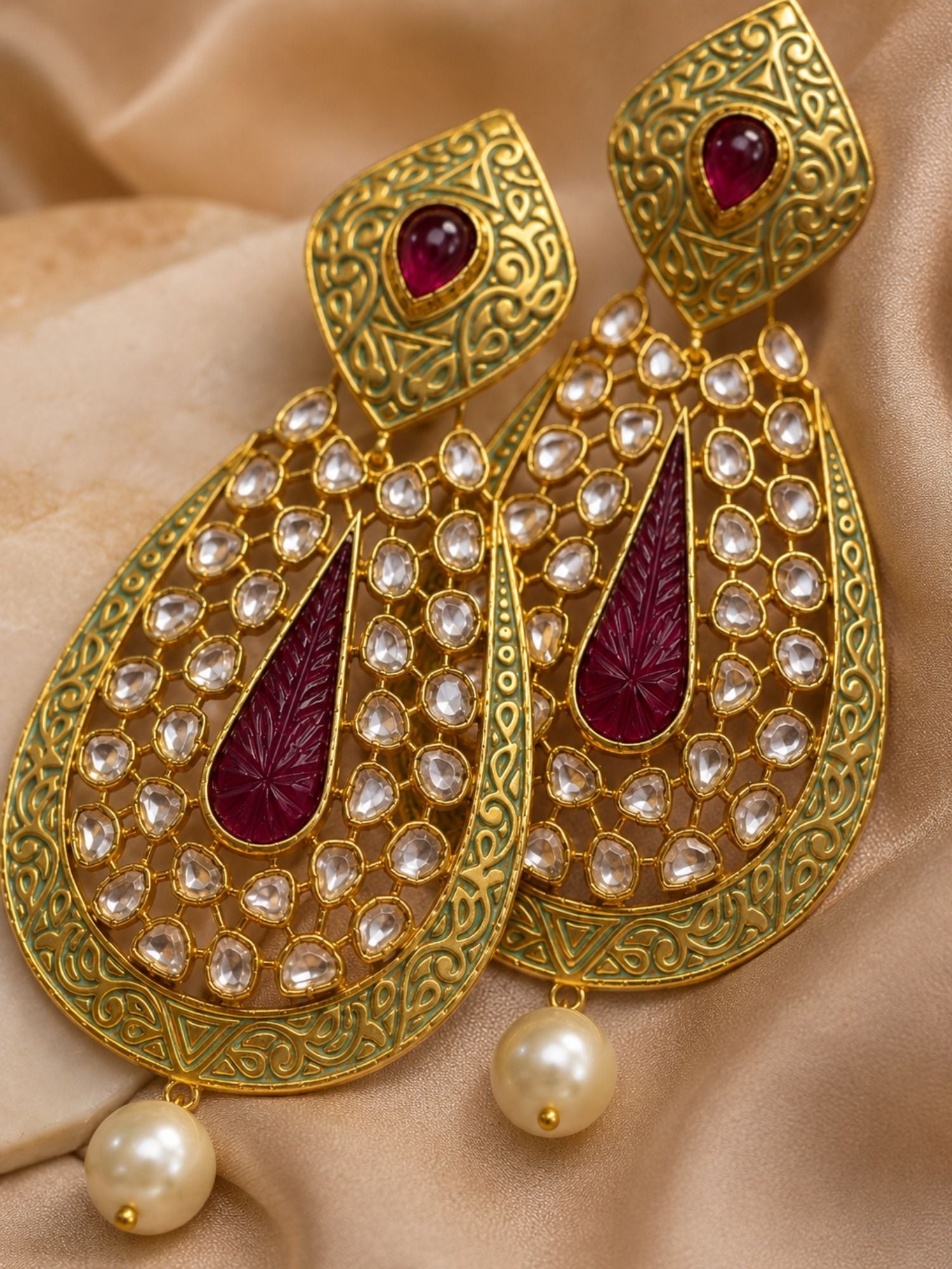 Ruby Green Kundan Statement Earrings – Pearl Drop Ethnic Earrings | Abdesigns Jewellery
