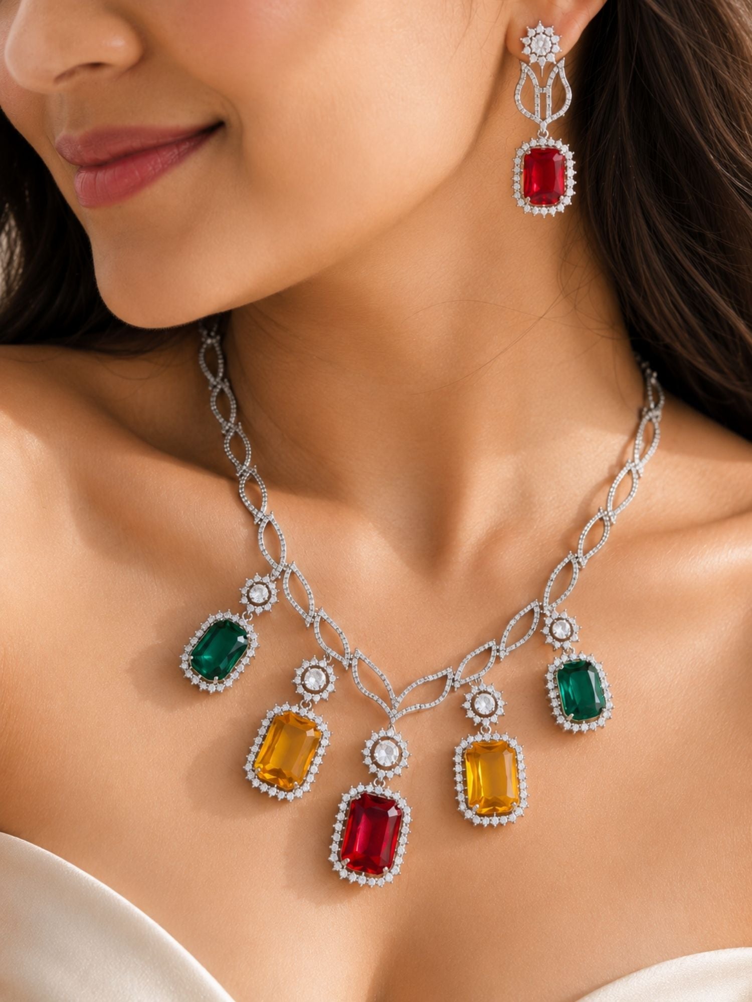 Multicolor Party CZ Necklace Set in Silver Plating | Abdesigns