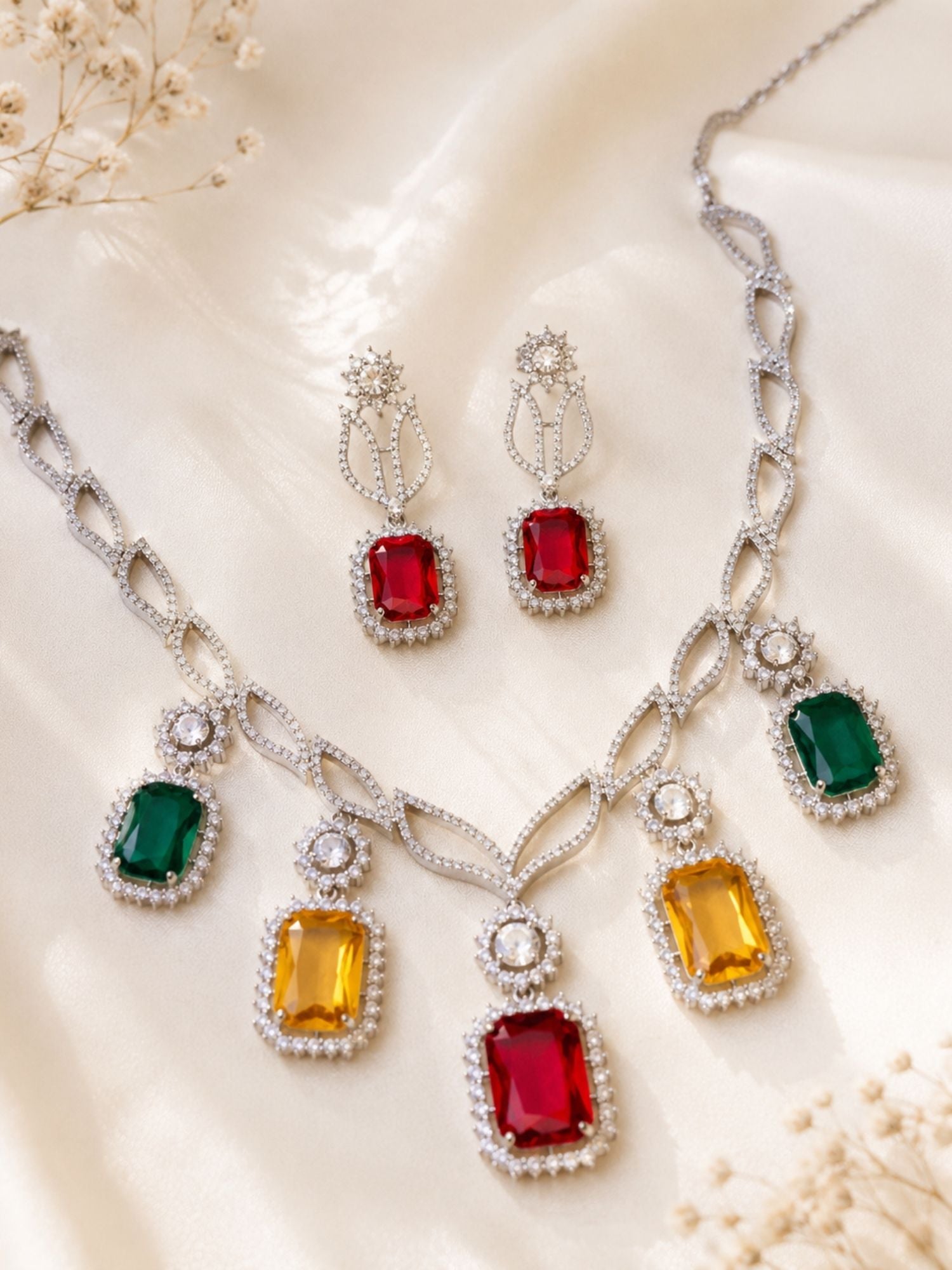 Multicolor Party CZ Necklace Set in Silver Plating | Abdesigns