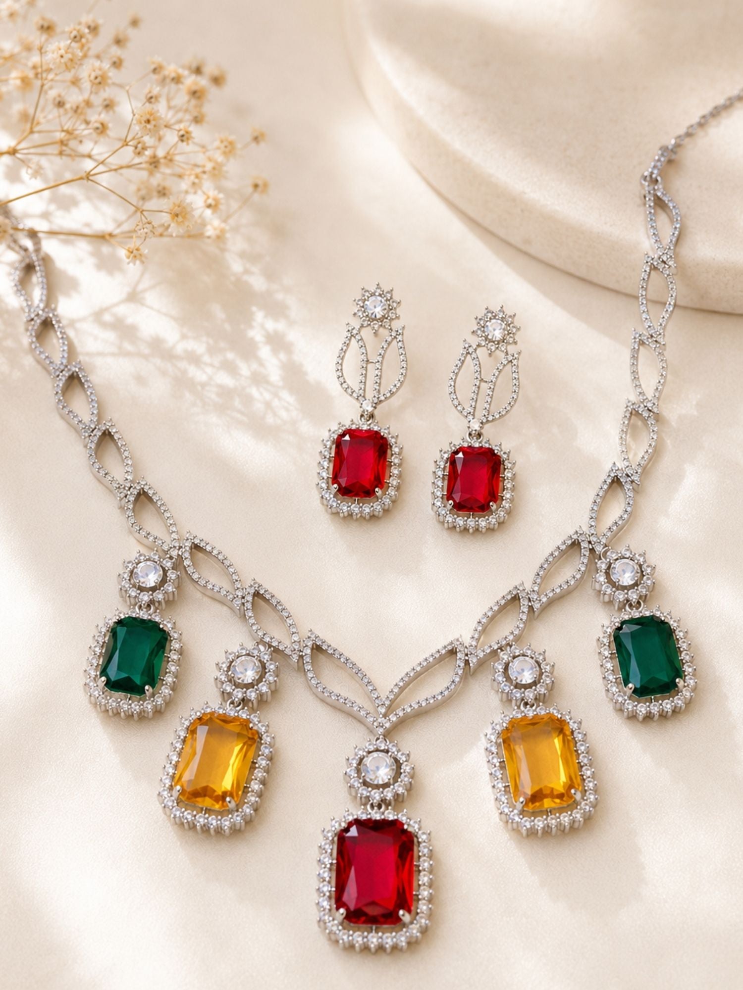 Multicolor Party CZ Necklace Set in Silver Plating | Abdesigns