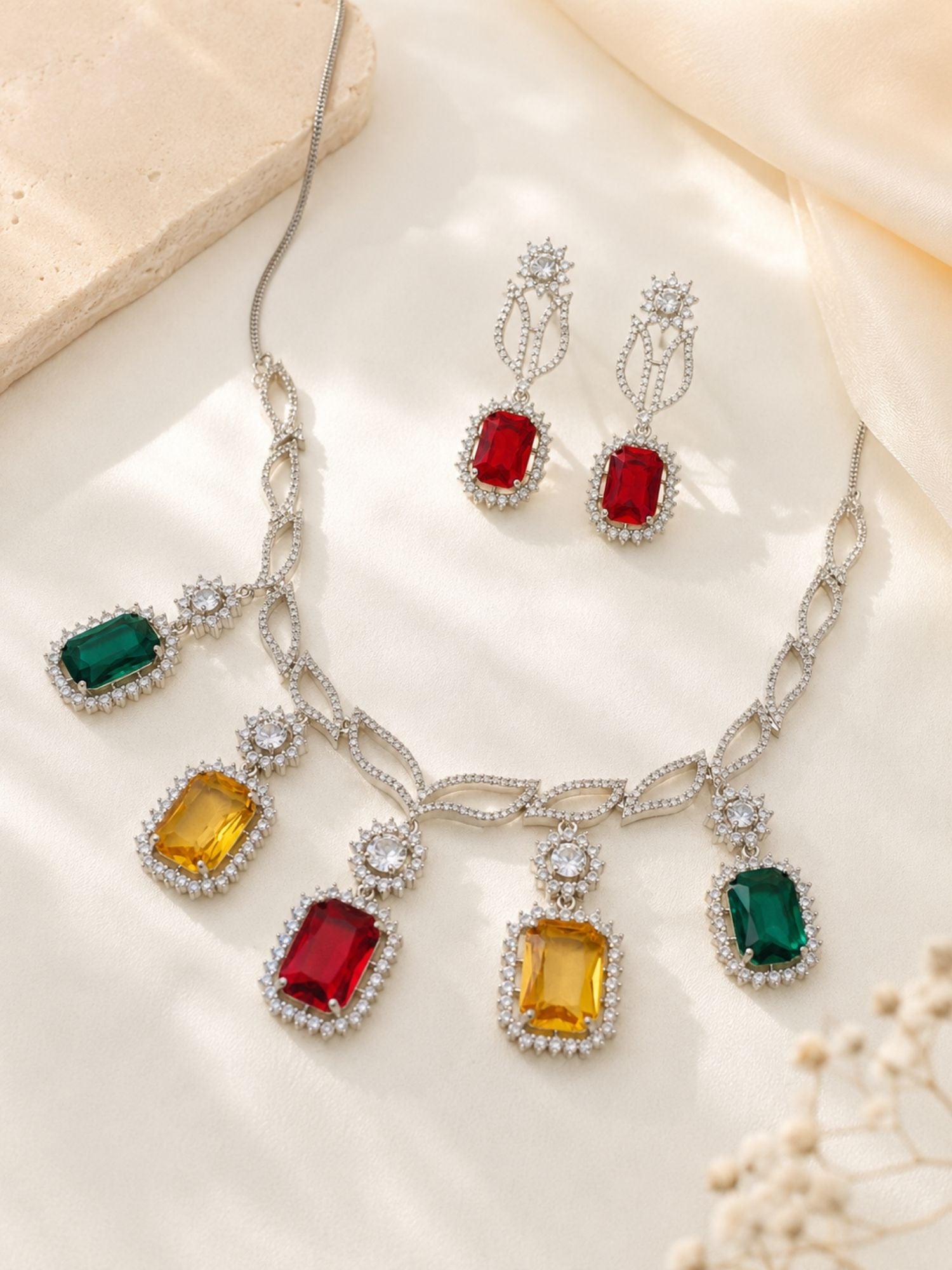 Multicolor Party CZ Necklace Set in Silver Plating | Abdesigns