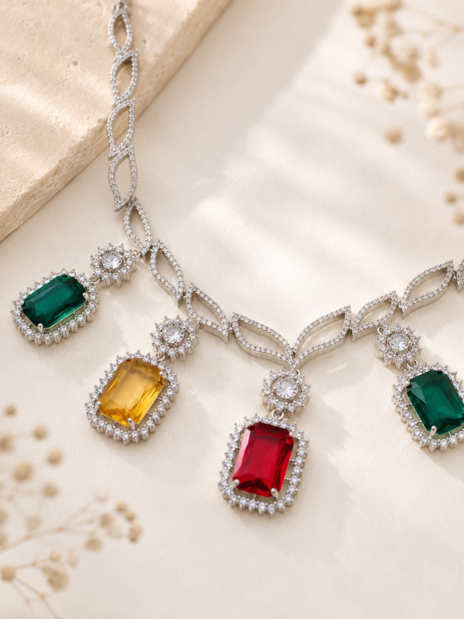 Multicolor Party CZ Necklace Set in Silver Plating | Abdesigns