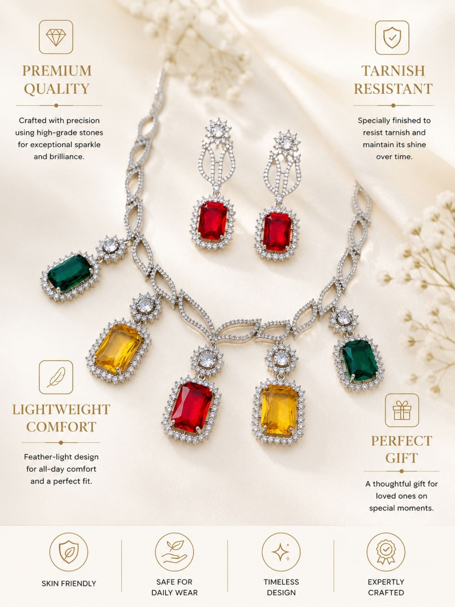 Multicolor Party CZ Necklace Set in Silver Plating | Abdesigns