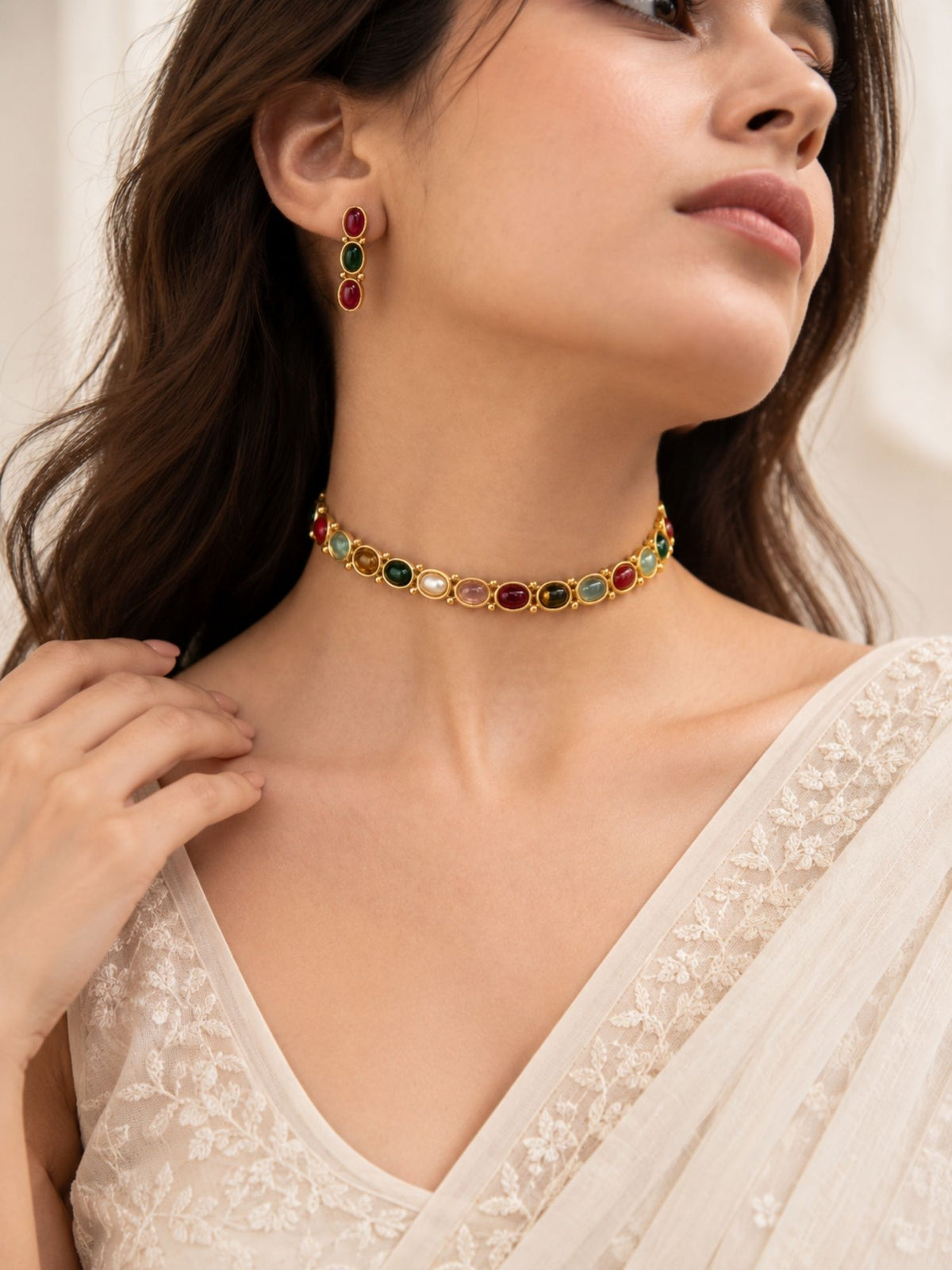 Gold Plated Multicolor Oval Stone Necklace Set with Earrings