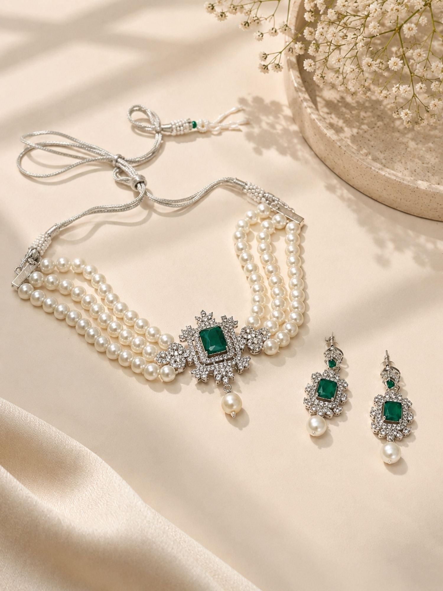 Green Stone Pearl Choker in Silver Plating – Bridal | Abdesigns