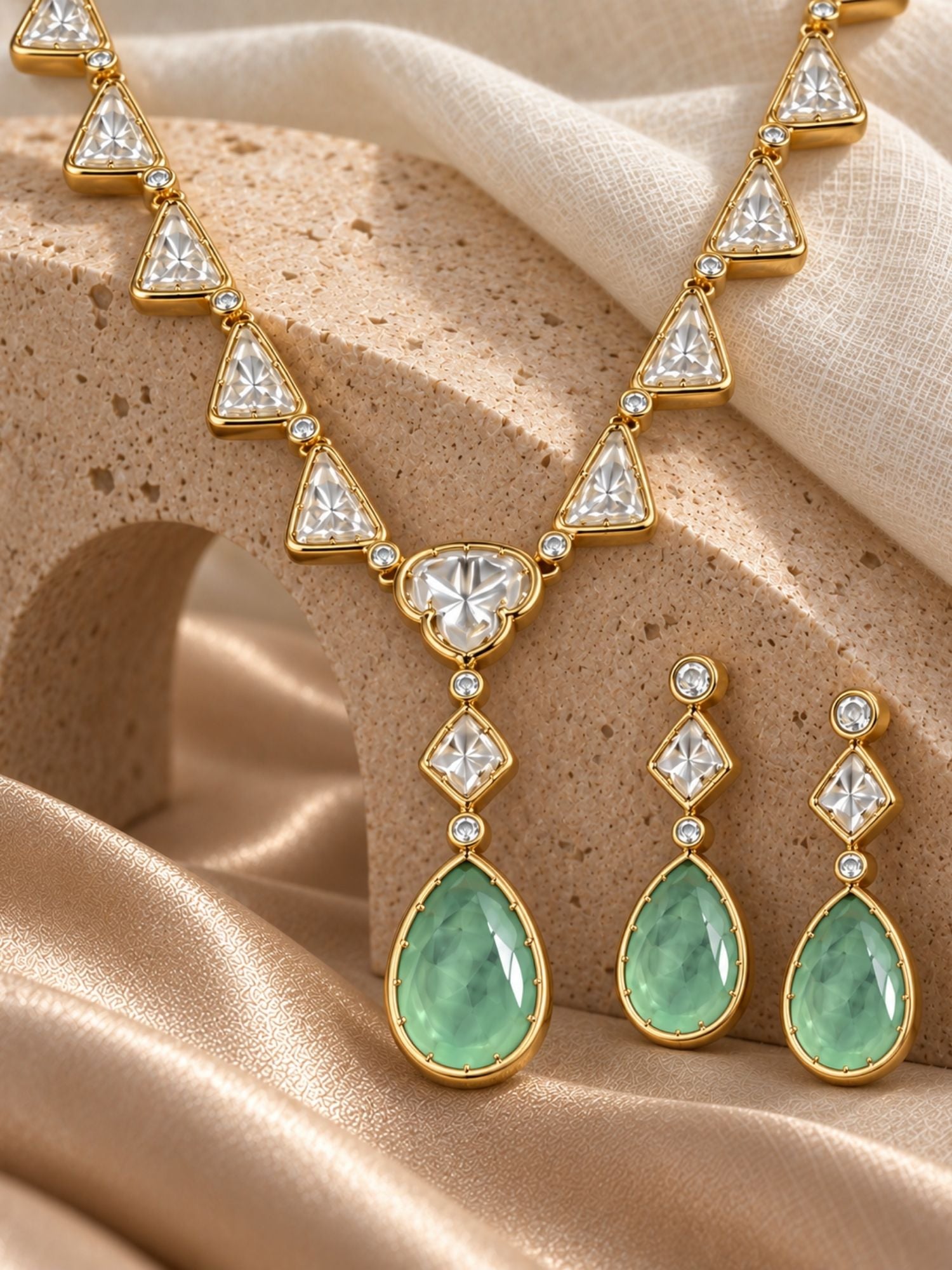 Gold Plated Kundan Polki Mint Green Drop Necklace Set with Earrings
