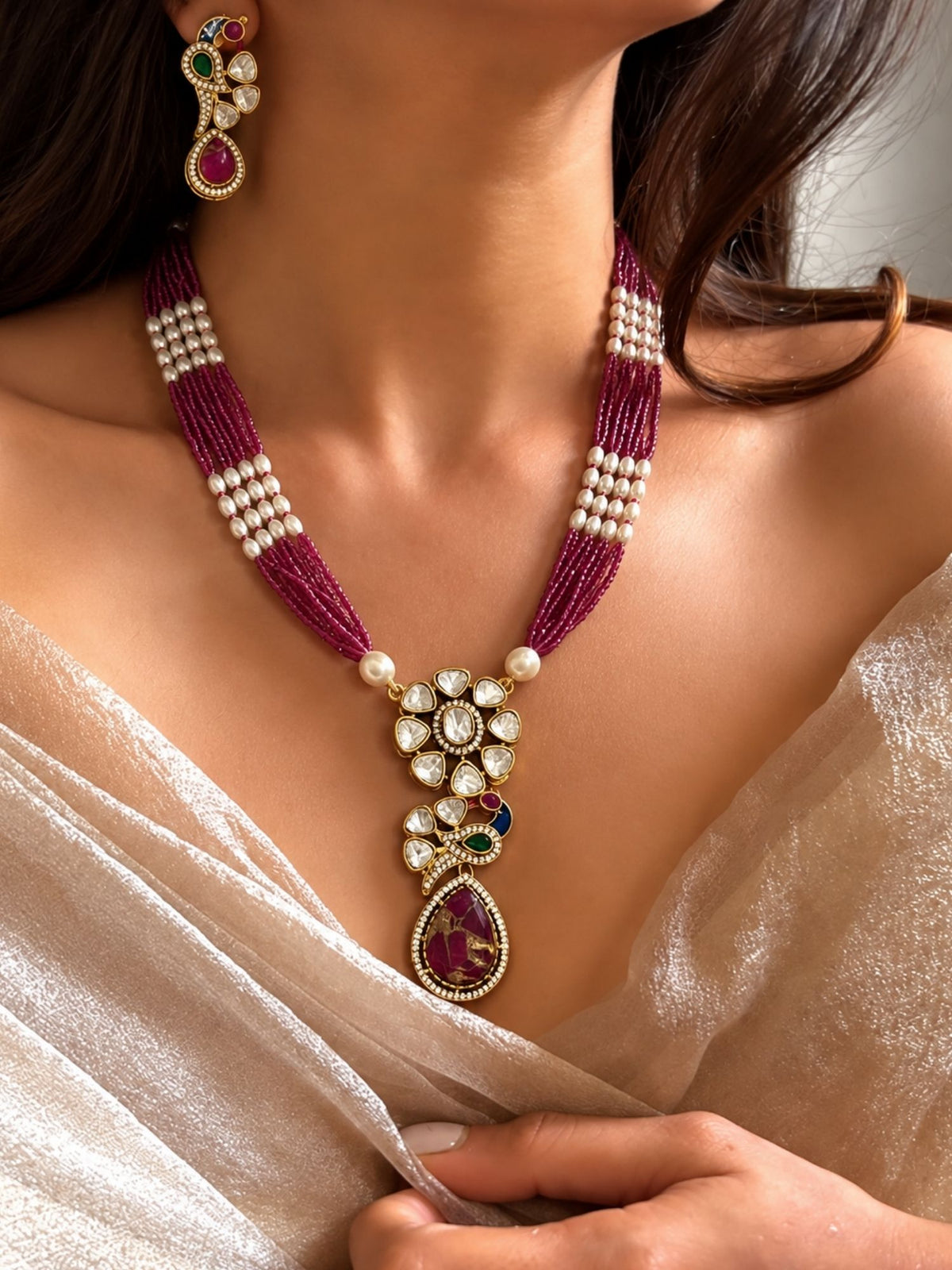 Gold Plated Kundan Polki Peacock Pearl Mala Necklace Set | Abdesigns Jewellery