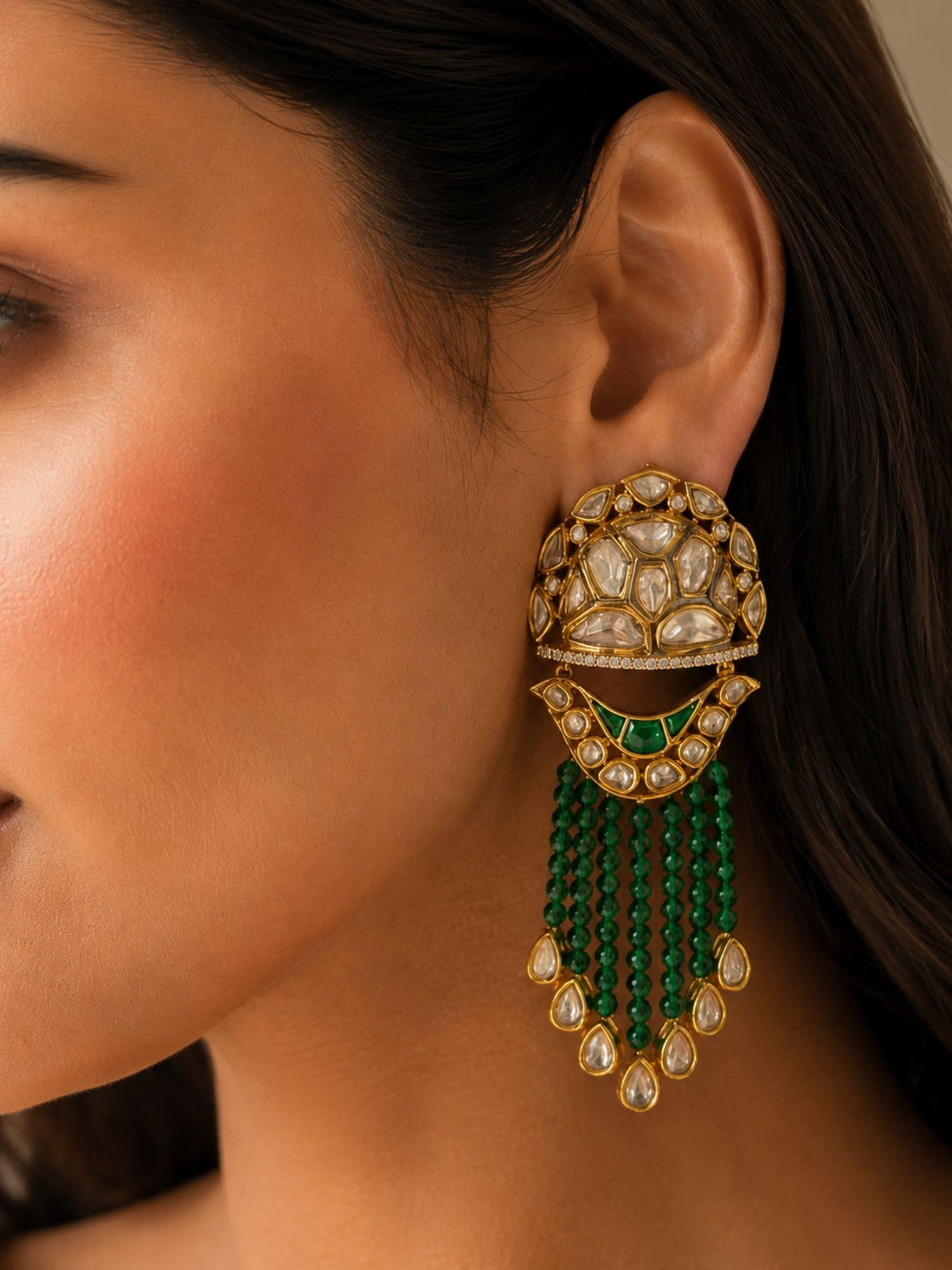 Green Kundan Tassel Earrings in Gold Finish – Festive Wear | Abdesigns Jewellery