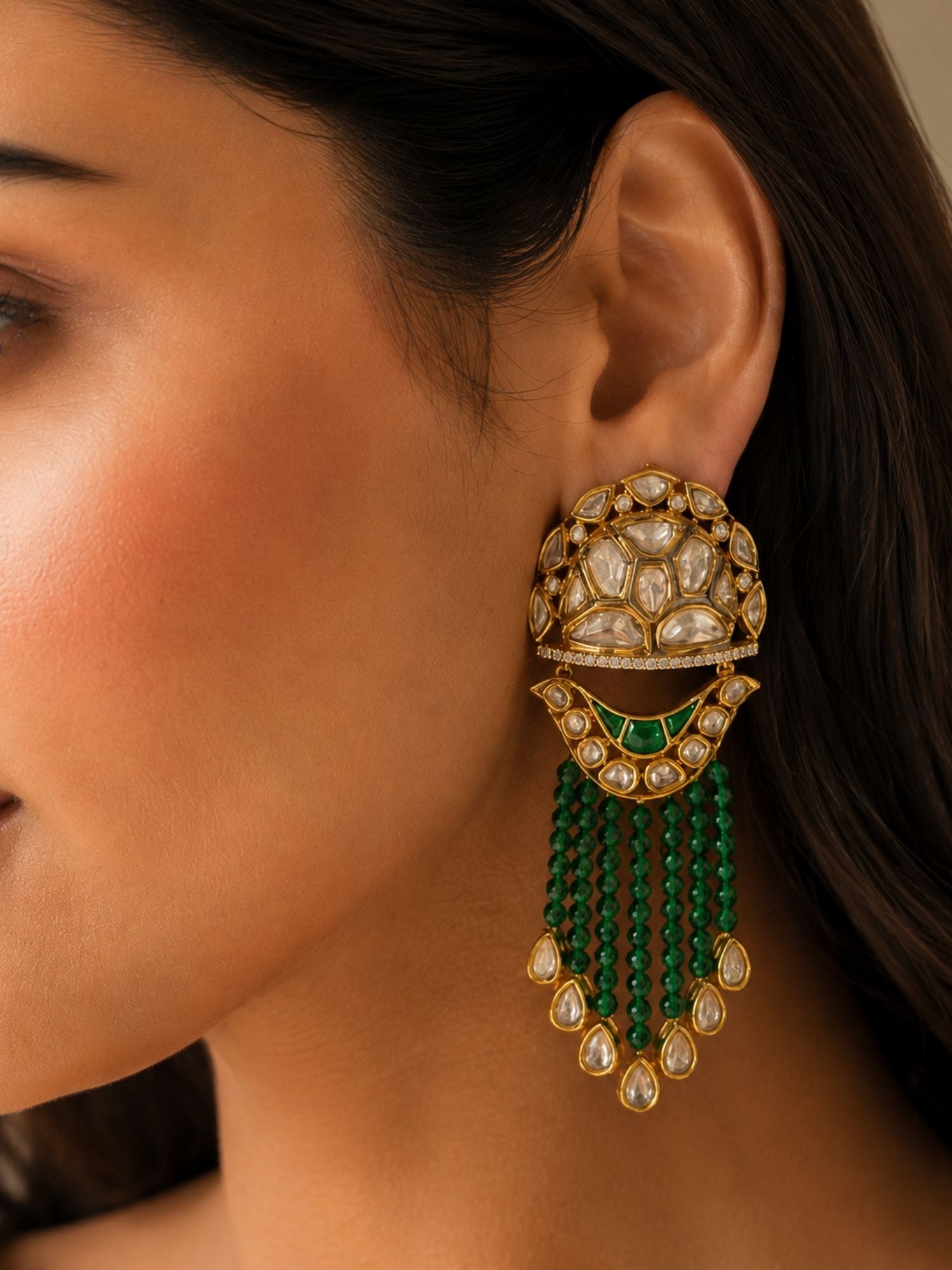 Green Kundan Tassel Earrings in Gold Finish – Festive Wear | Abdesigns Jewellery