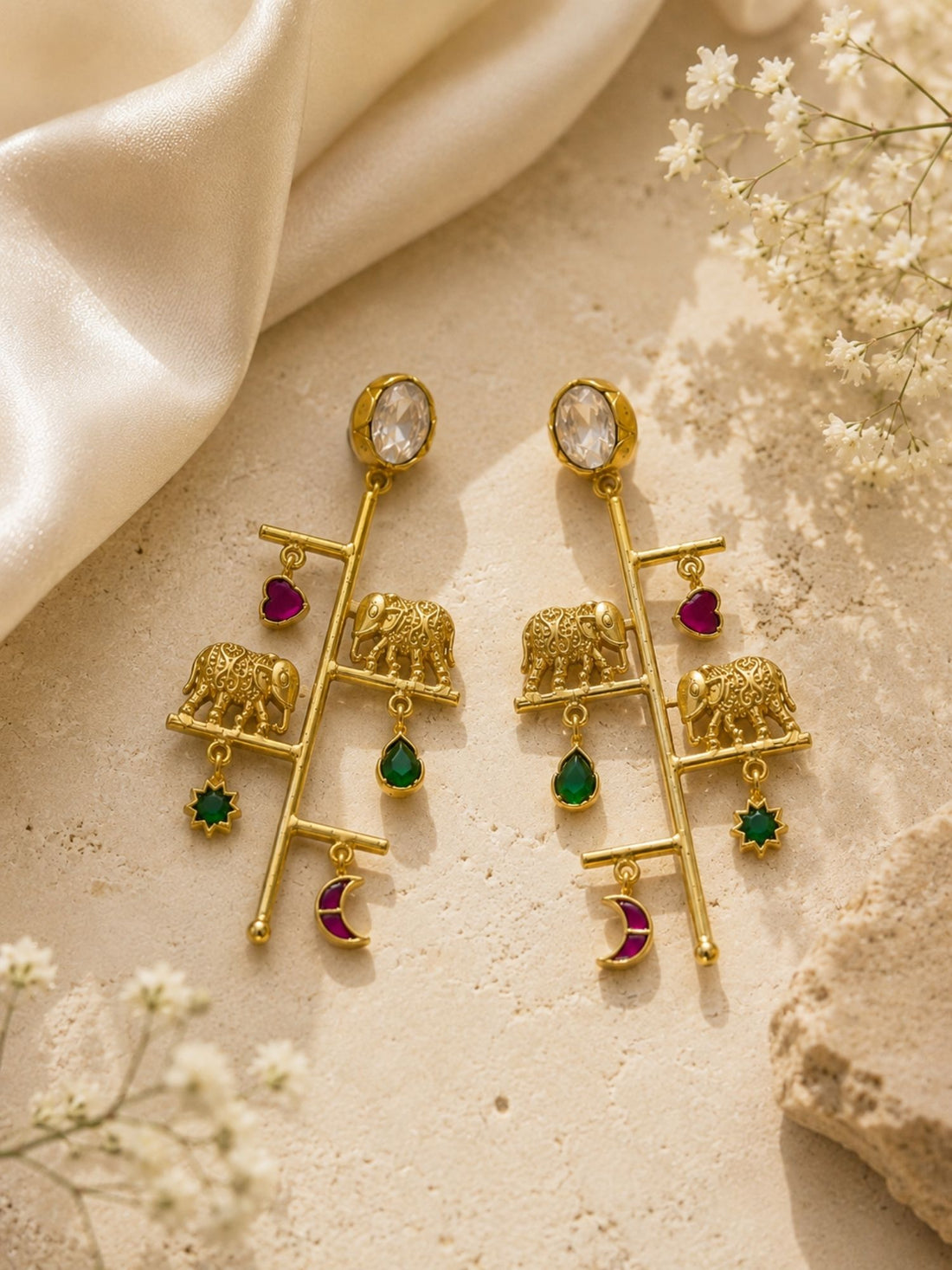Gold Plated Multicolor Kundan Elephant Charm Long Drop Earrings for Women