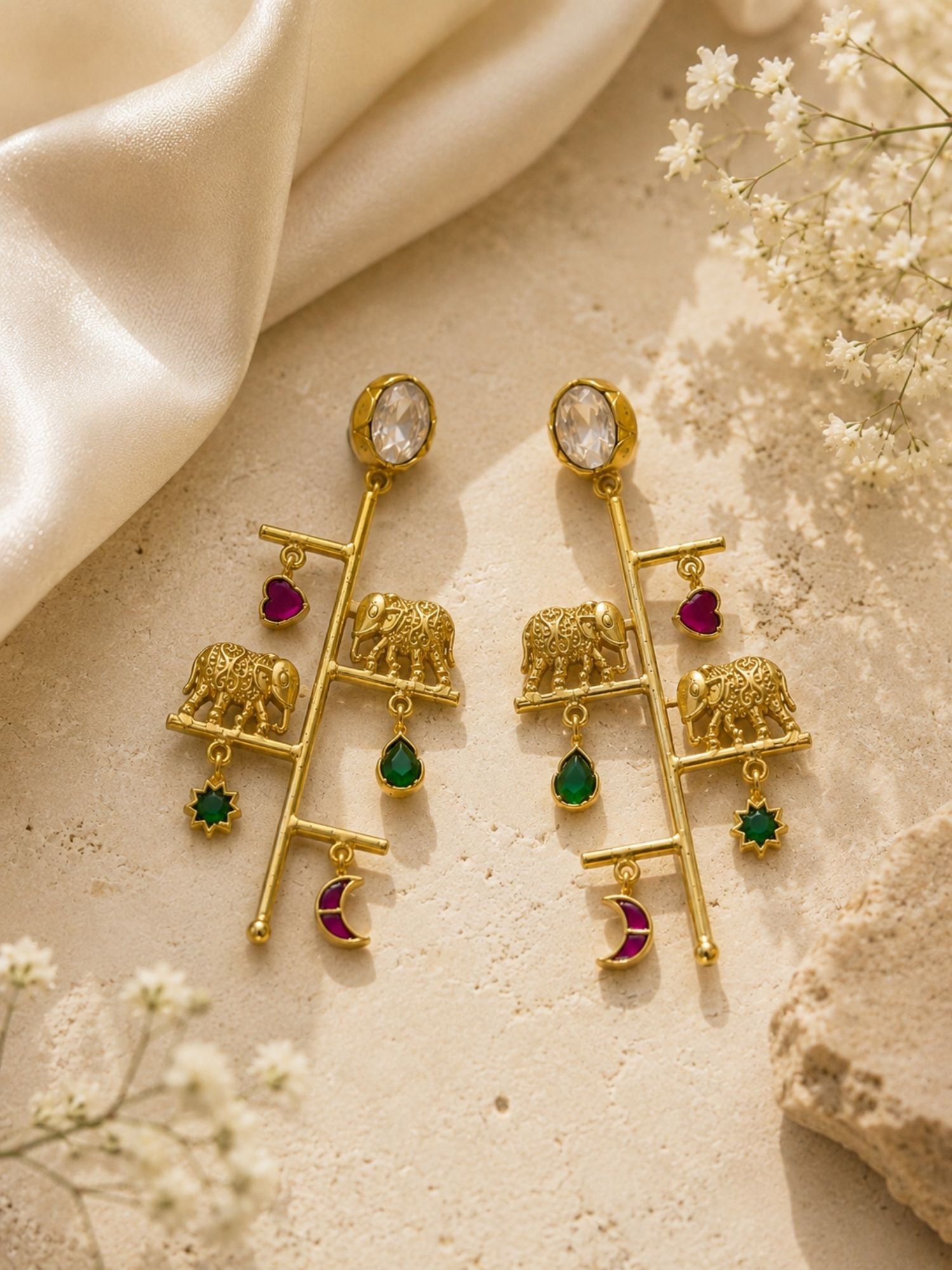 Gold Plated Multicolor Kundan Elephant Charm Long Drop Earrings for Women