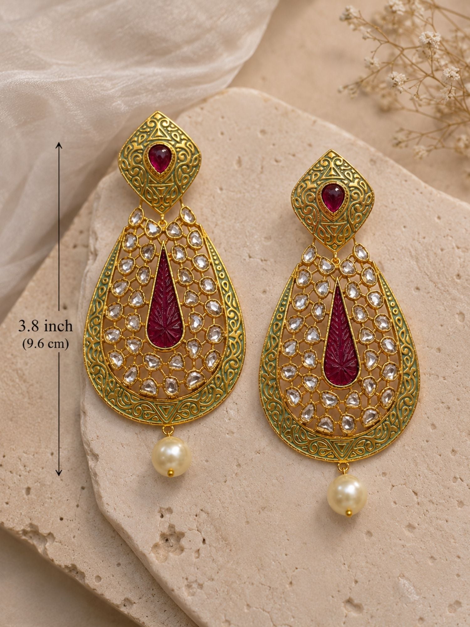 Ruby Green Kundan Statement Earrings – Pearl Drop Ethnic Earrings | Abdesigns Jewellery