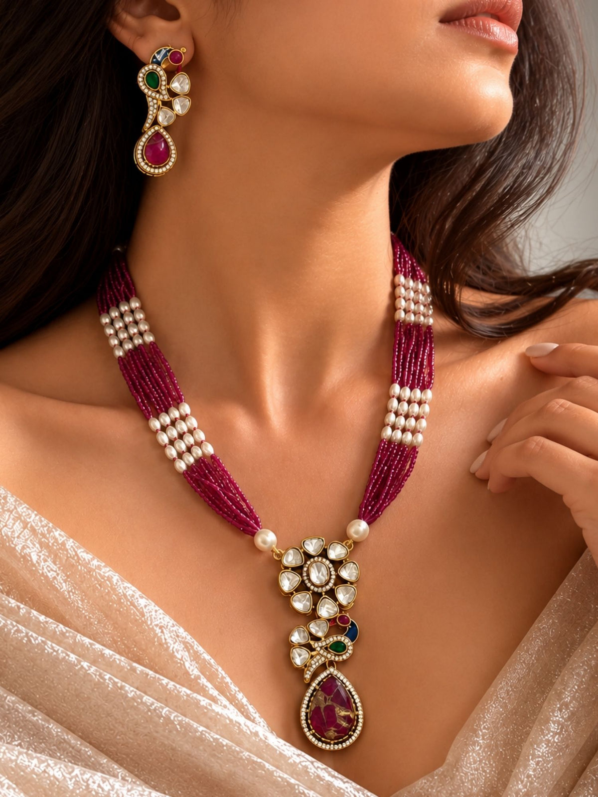 Gold Plated Kundan Polki Peacock Pearl Mala Necklace Set | Abdesigns Jewellery