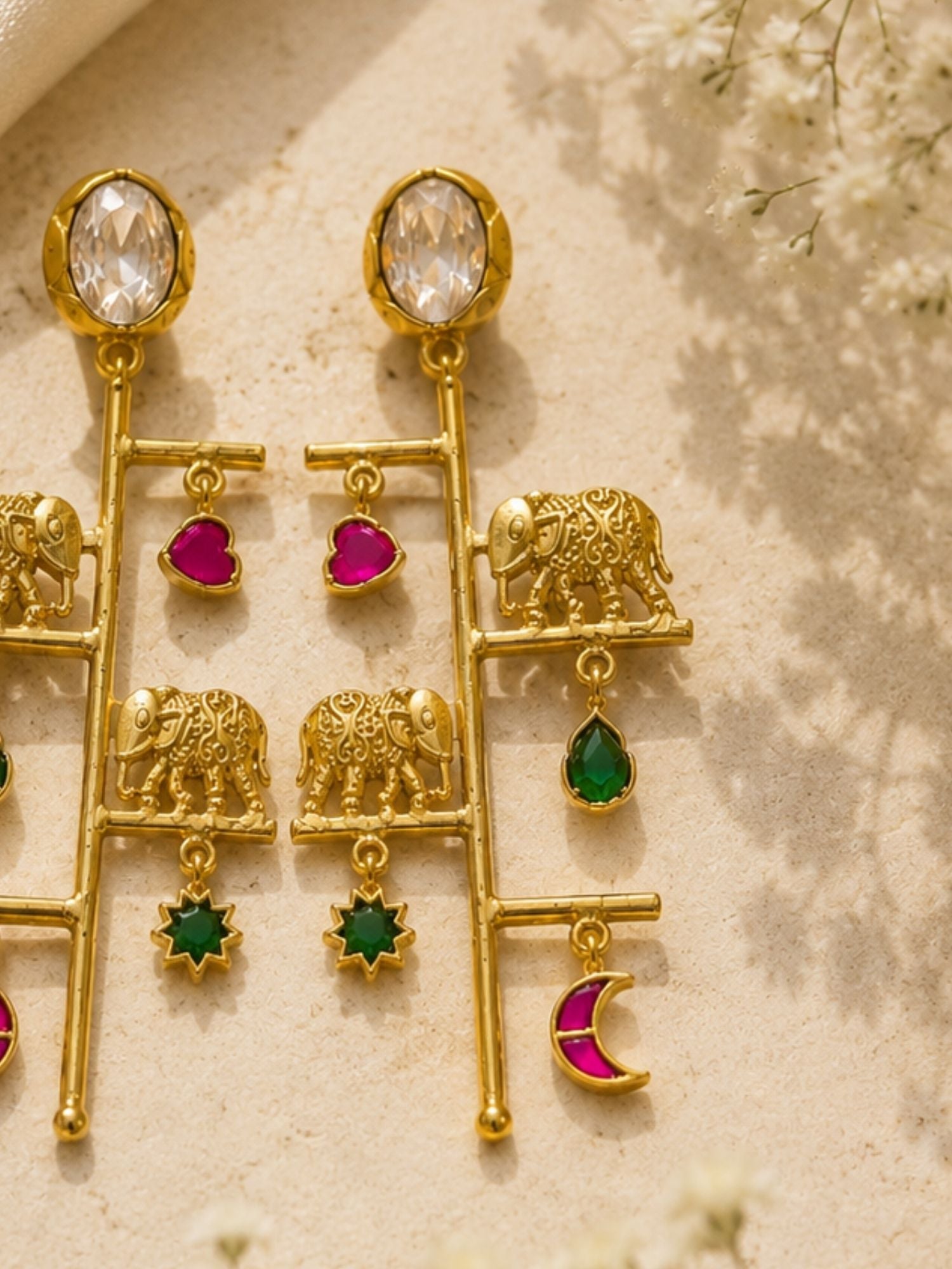 Gold Plated Multicolor Kundan Elephant Charm Long Drop Earrings for Women