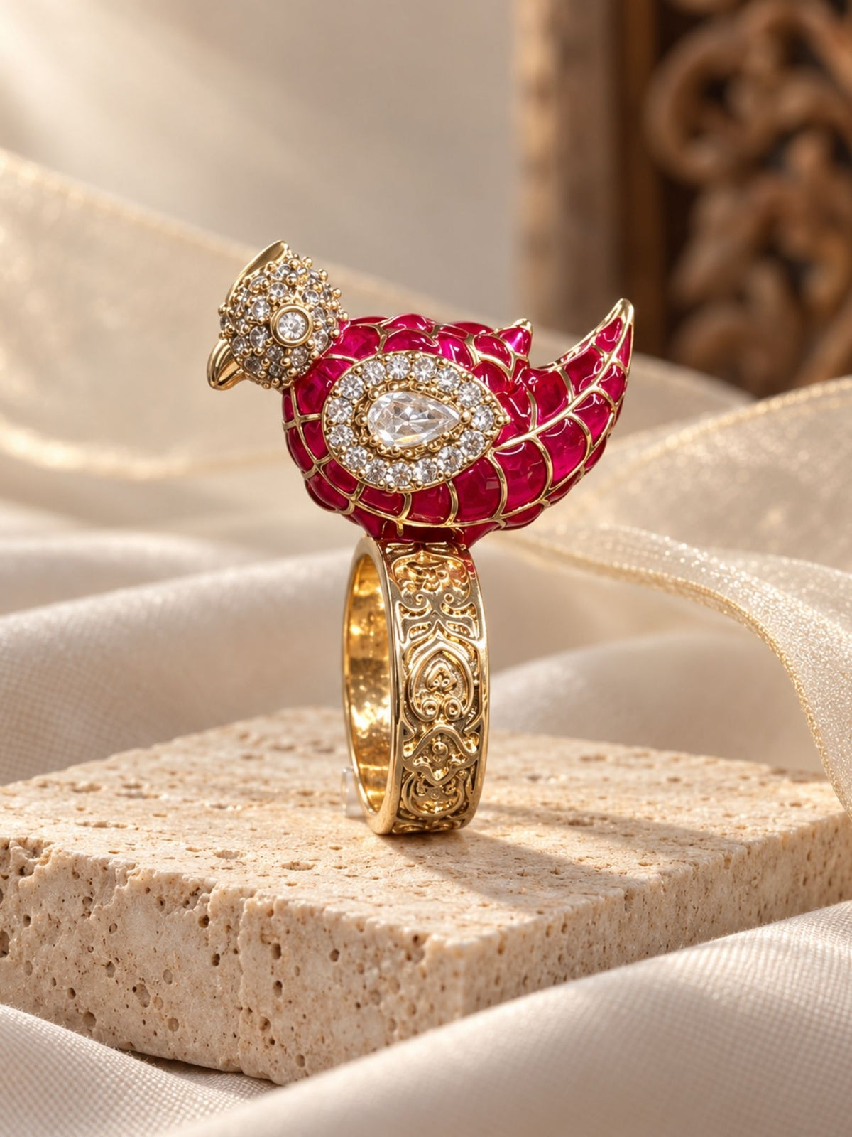 Gold Plated Meenakari Kundan Bird Statement Ring