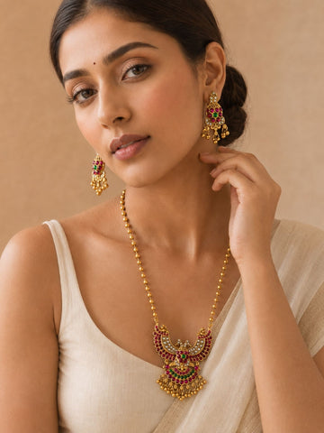 Peacock Temple Kempu Necklace Set in Gold Plating | Abdesigns Jewellery
