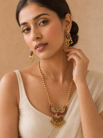 Peacock Temple Kempu Necklace Set in Gold Plating | Abdesigns Jewellery