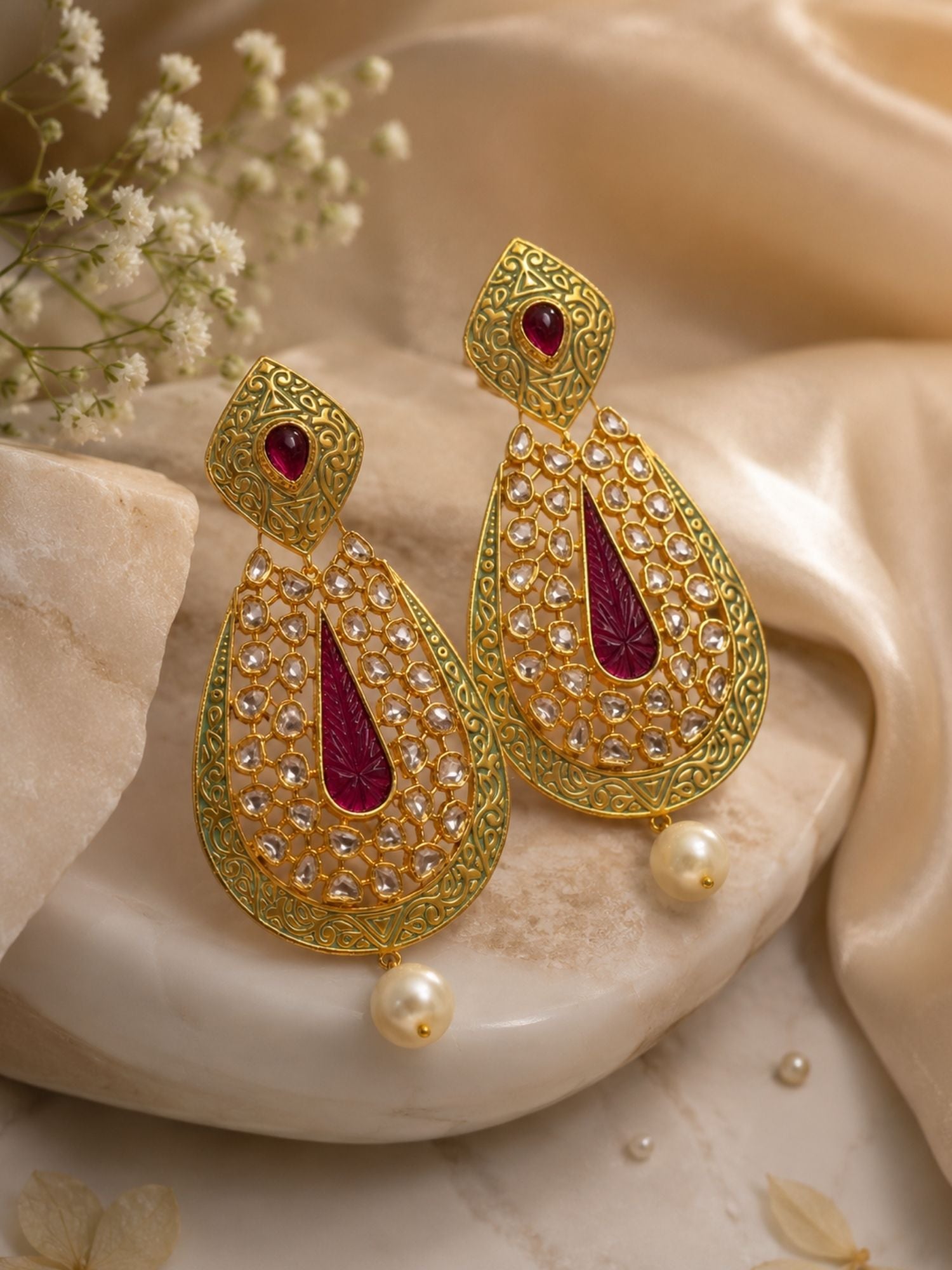 Ruby Green Kundan Statement Earrings – Pearl Drop Ethnic Earrings | Abdesigns Jewellery