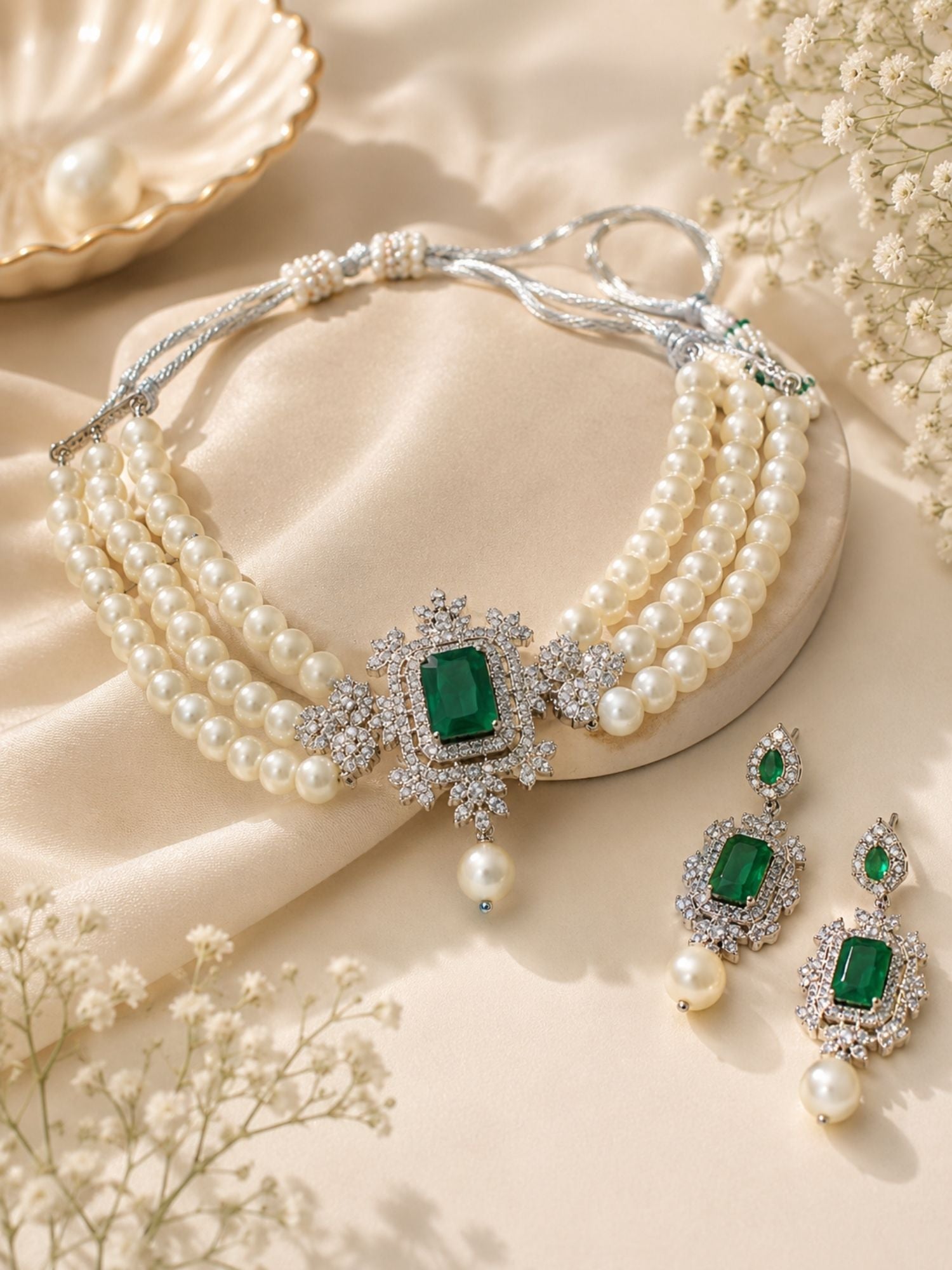 Green Stone Pearl Choker in Silver Plating – Bridal | Abdesigns