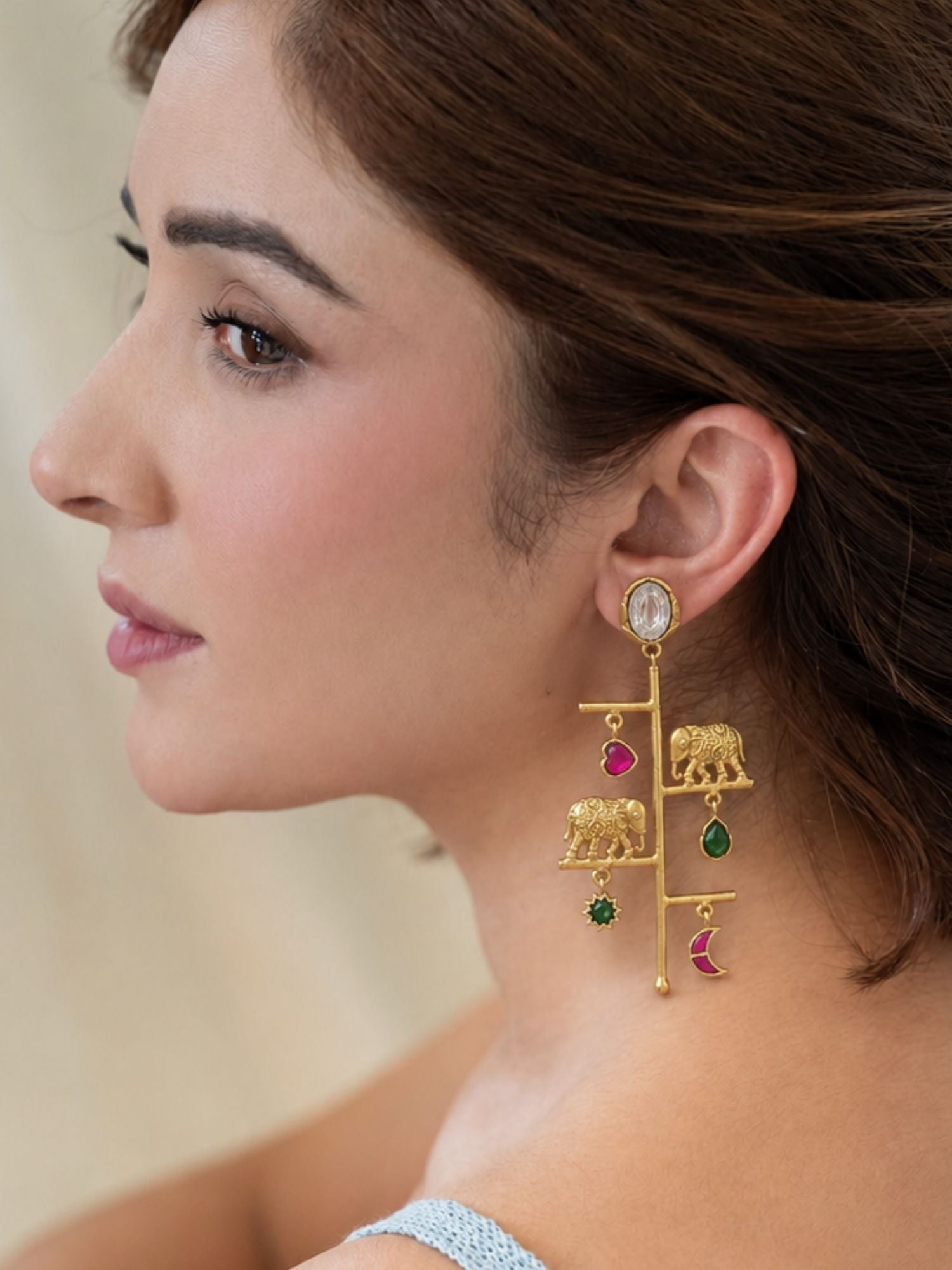Gold Plated Multicolor Kundan Elephant Charm Long Drop Earrings for Women