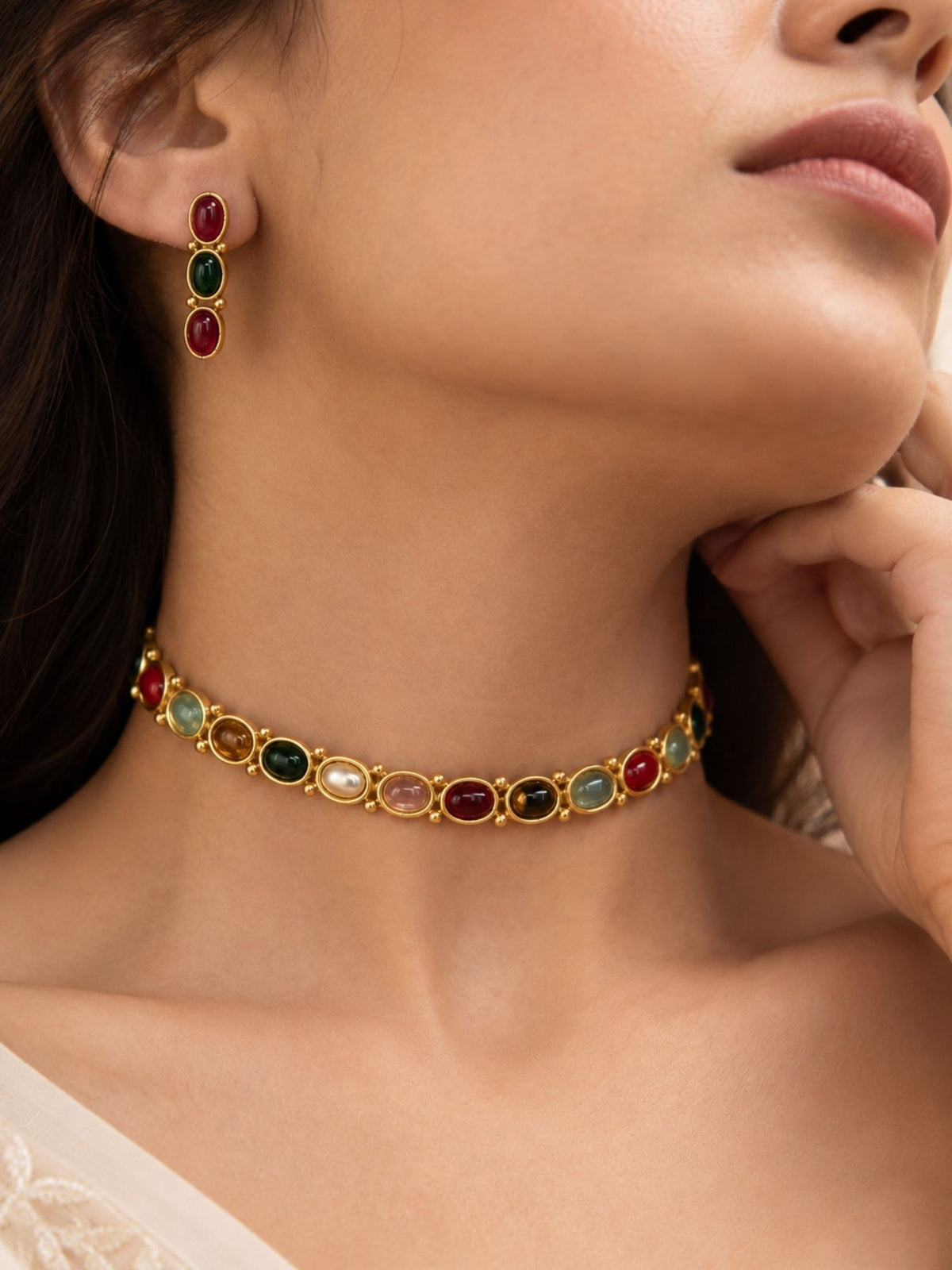 Gold Plated Multicolor Oval Stone Necklace Set with Earrings