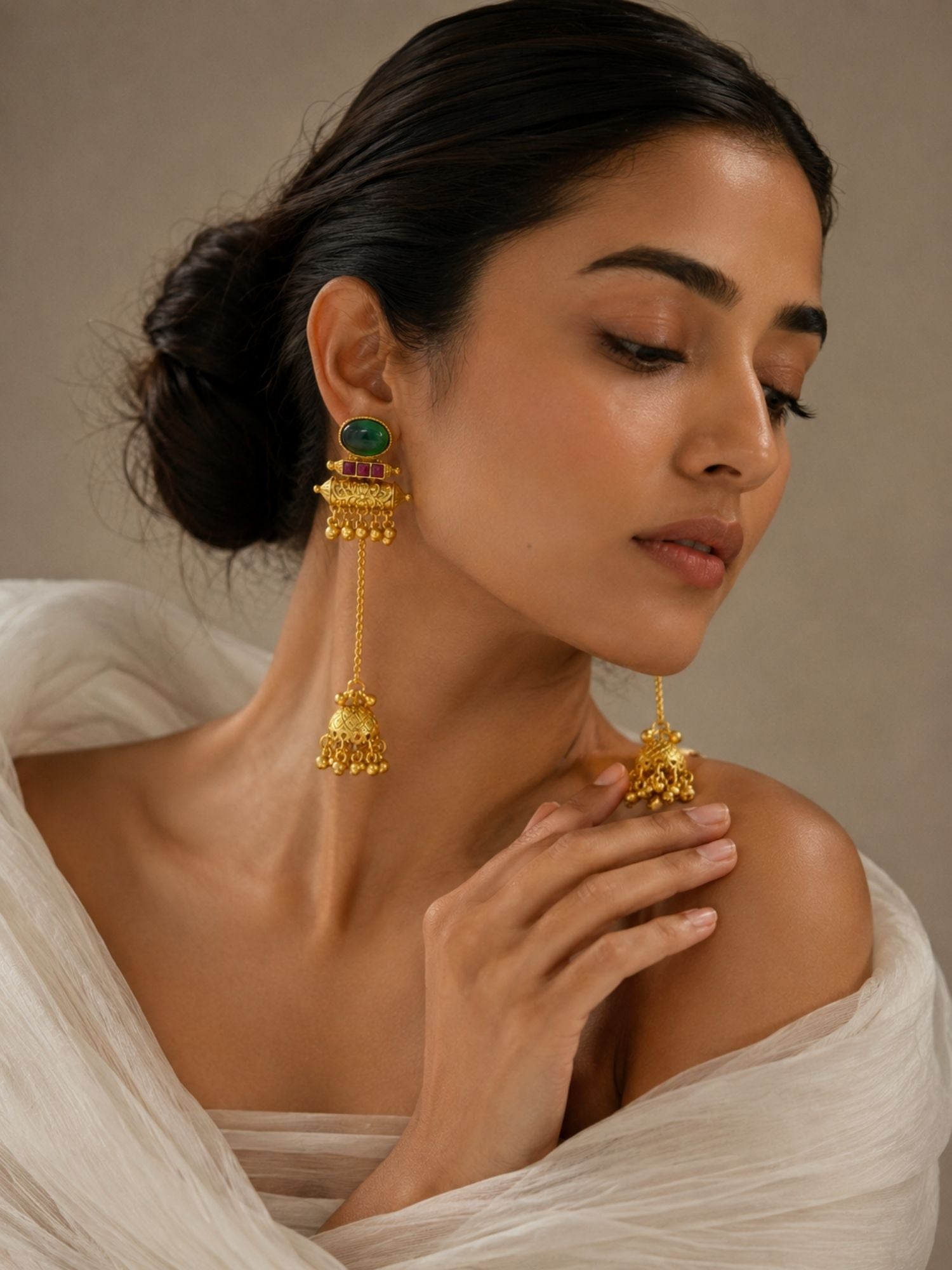 Jhumka Earrings in Gold Plating – Long Chain | Abdesigns