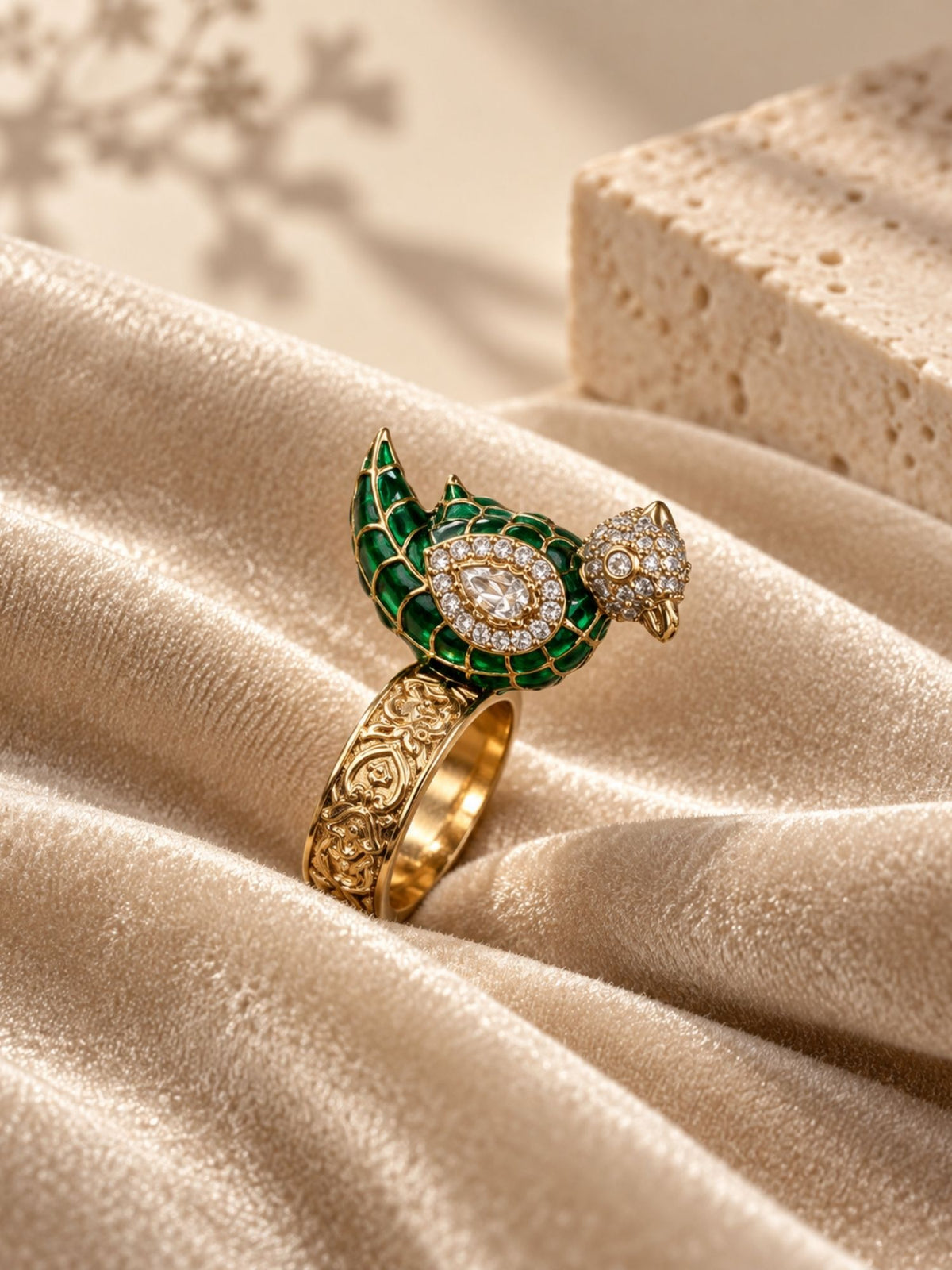 Gold Plated Meenakari Kundan Bird Statement Ring