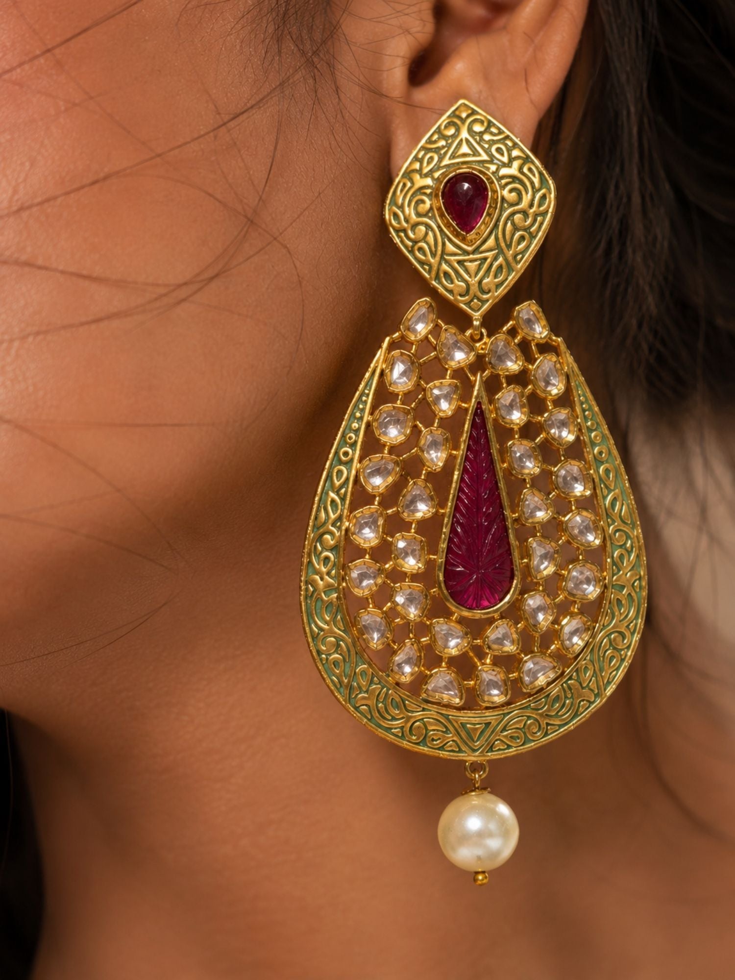 Ruby Green Kundan Statement Earrings – Pearl Drop Ethnic Earrings | Abdesigns Jewellery