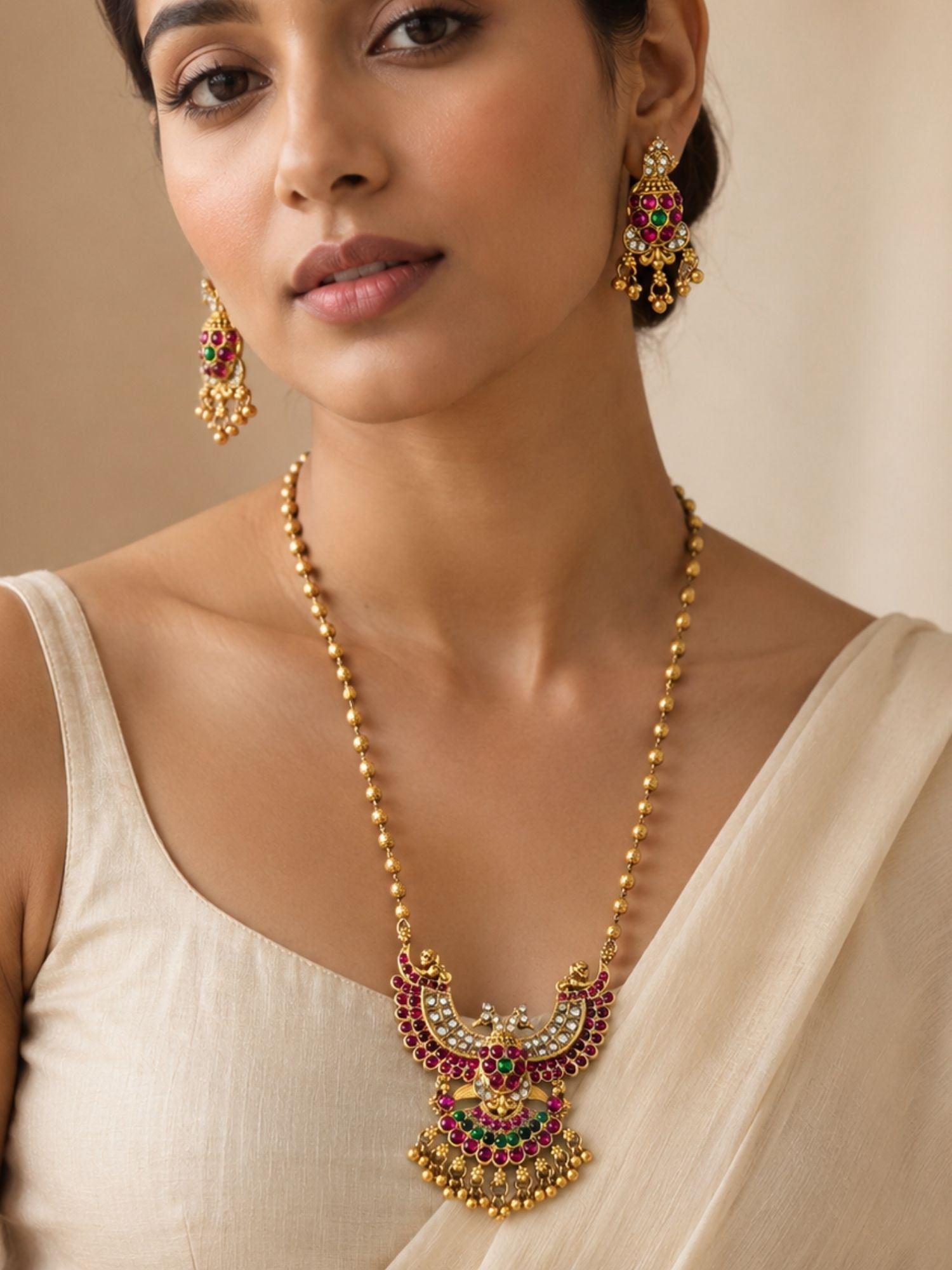 Peacock Temple Kempu Necklace Set in Gold Plating | Abdesigns Jewellery