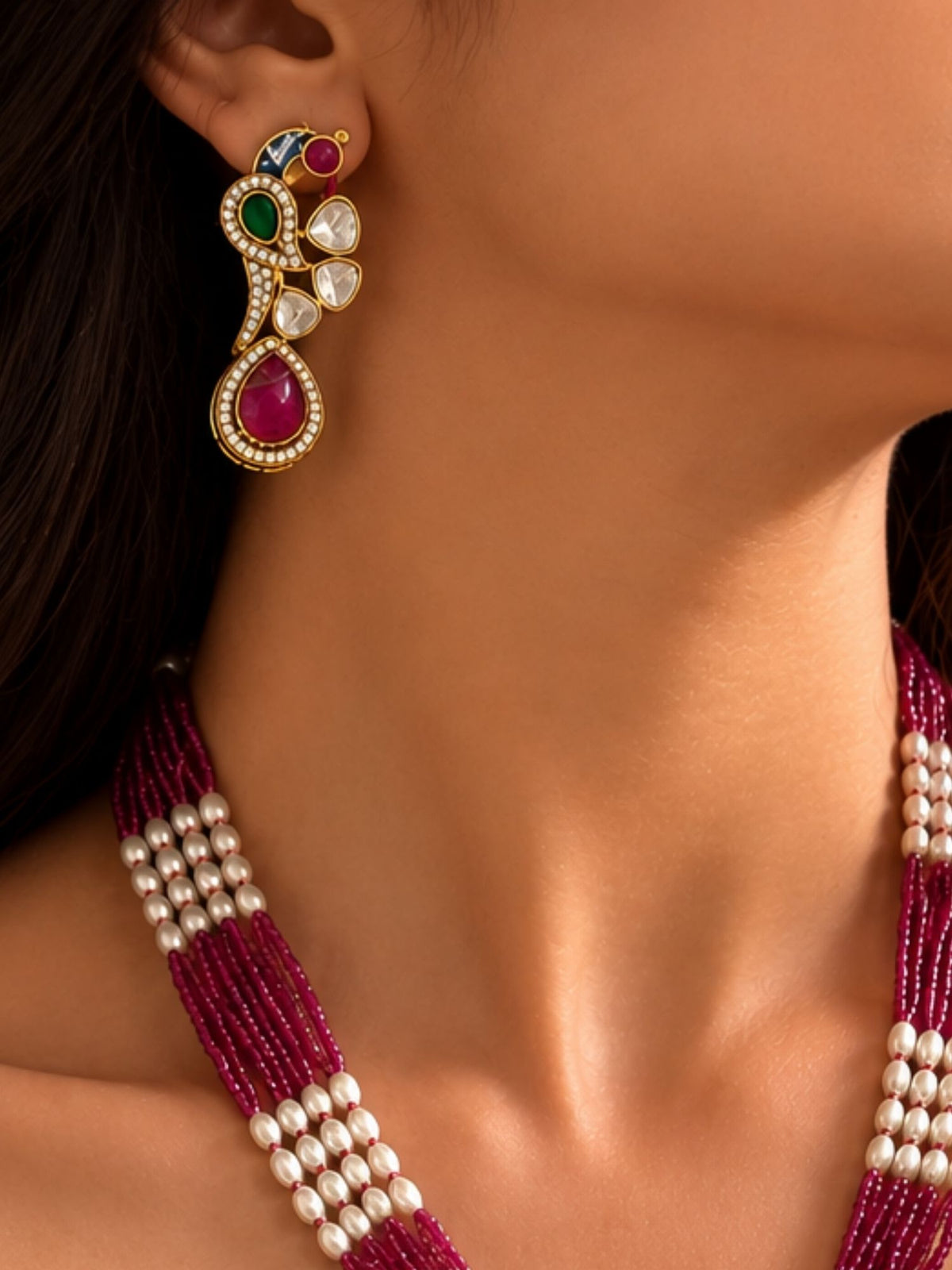 Gold Plated Kundan Polki Peacock Pearl Mala Necklace Set | Abdesigns Jewellery