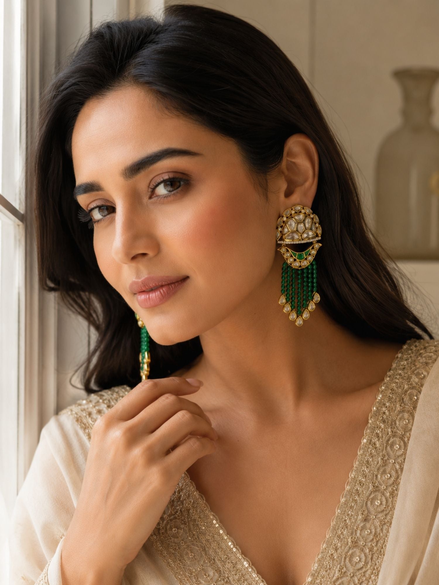 Green Kundan Tassel Earrings in Gold Finish – Festive Wear | Abdesigns Jewellery