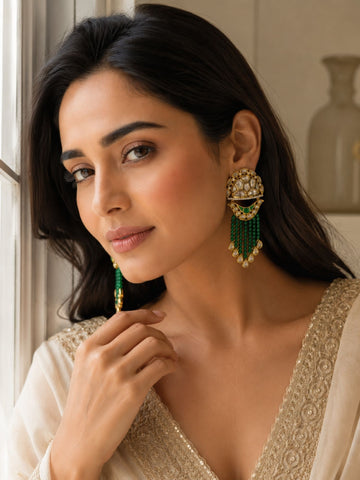 Green Kundan Tassel Earrings in Gold Finish – Festive Wear | Abdesigns Jewellery