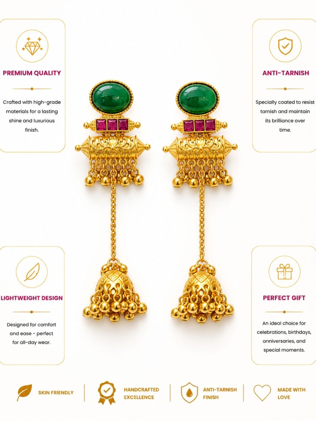 Jhumka Earrings in Gold Plating – Long Chain | Abdesigns