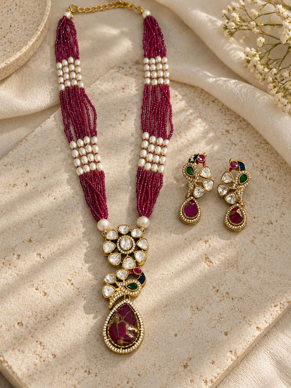 Gold Plated Kundan Polki Peacock Pearl Mala Necklace Set | Abdesigns Jewellery