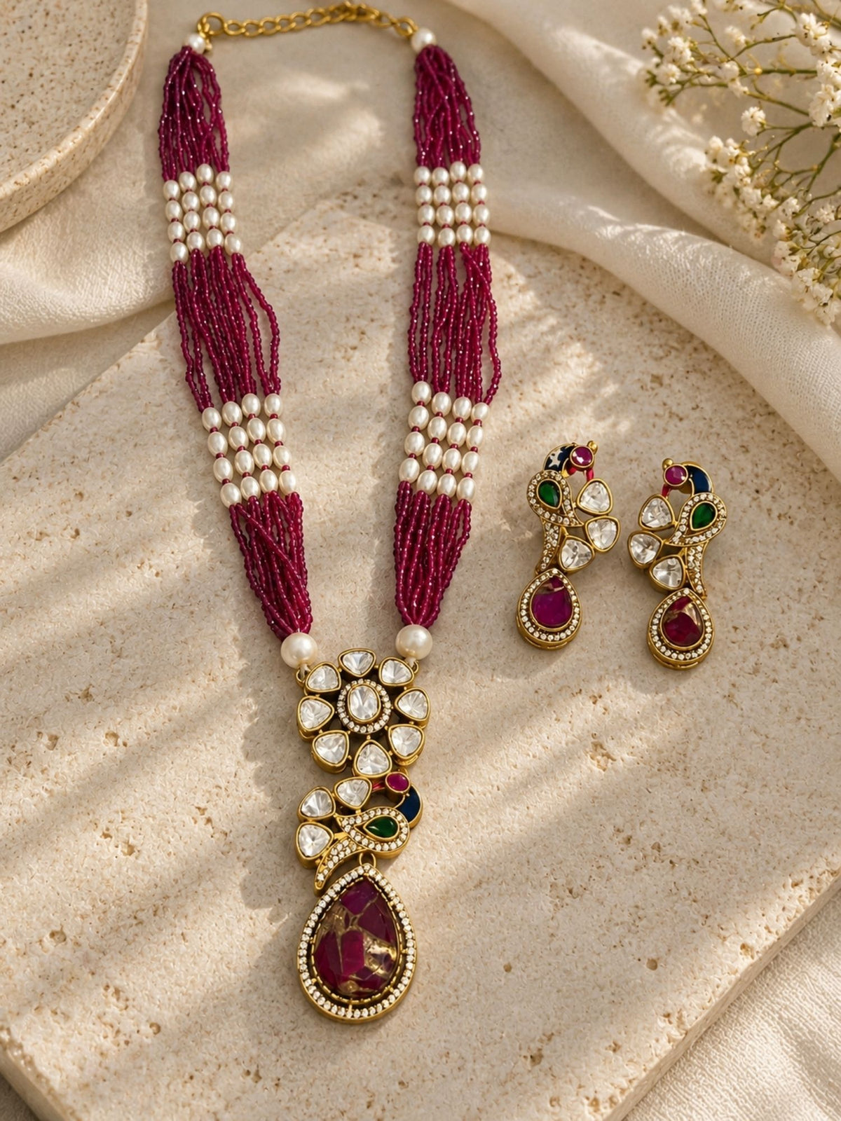 Gold Plated Kundan Polki Peacock Pearl Mala Necklace Set | Abdesigns Jewellery