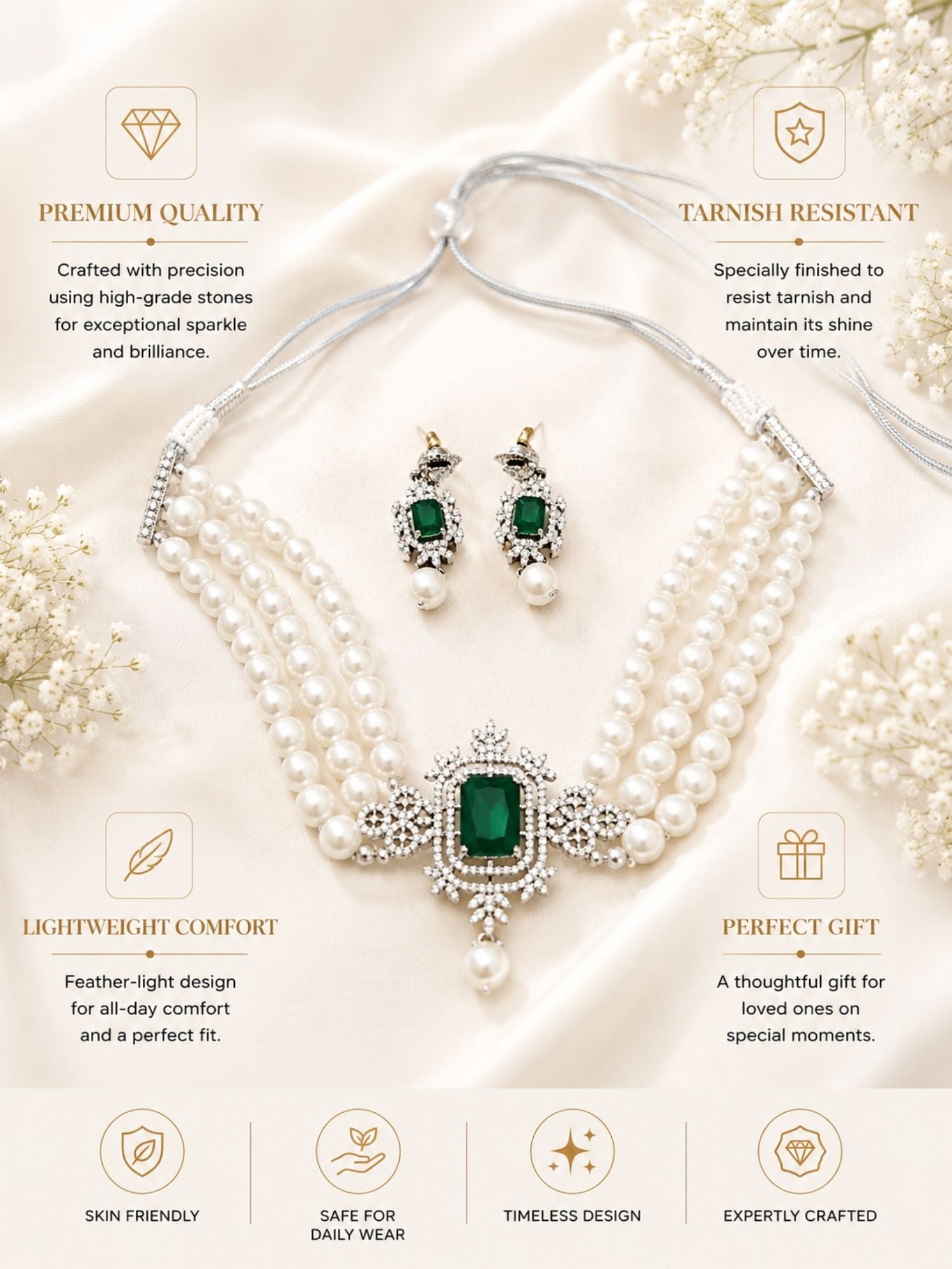 Green Stone Pearl Choker in Silver Plating – Bridal | Abdesigns