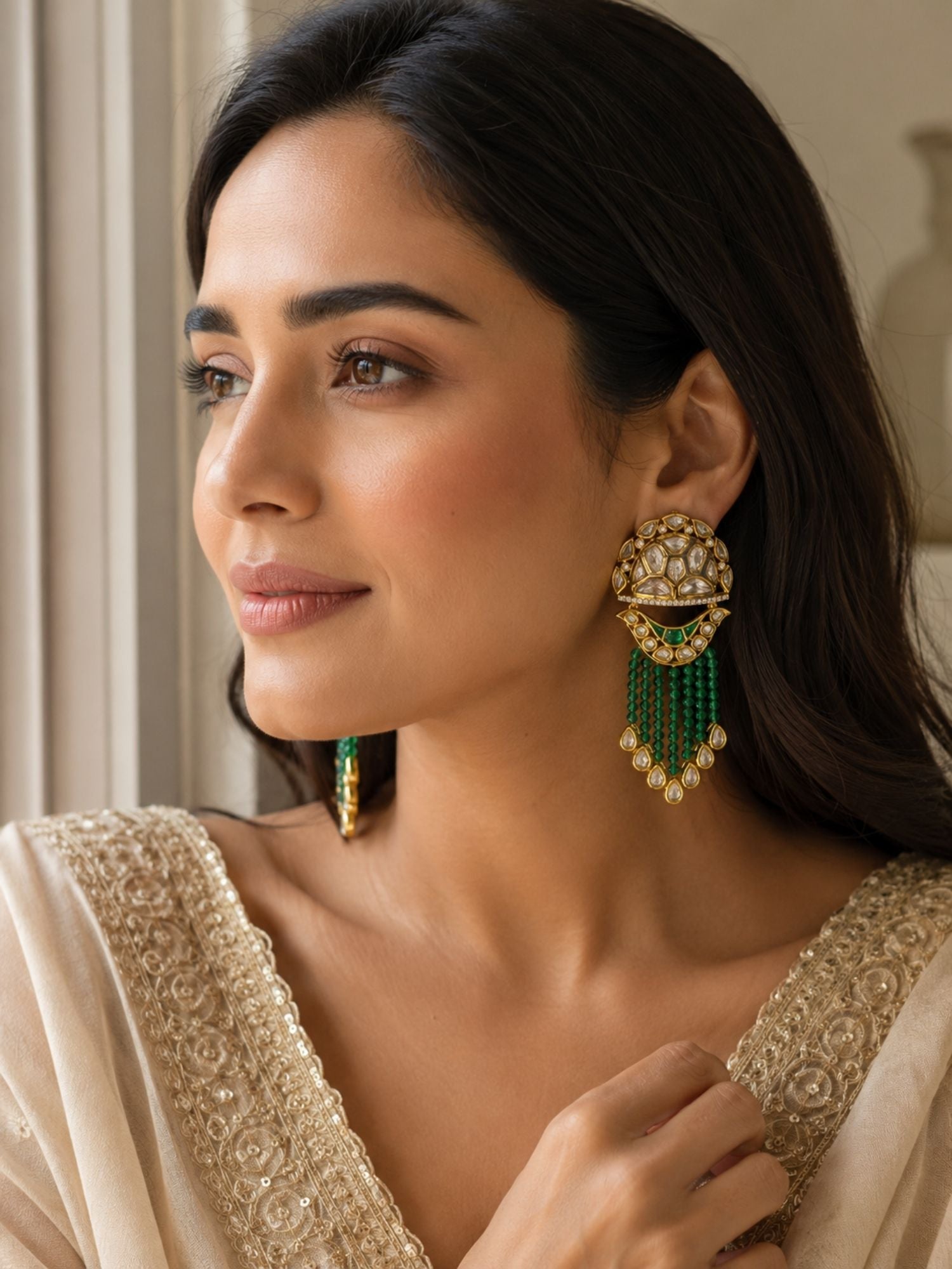 Green Kundan Tassel Earrings in Gold Finish – Festive Wear | Abdesigns Jewellery