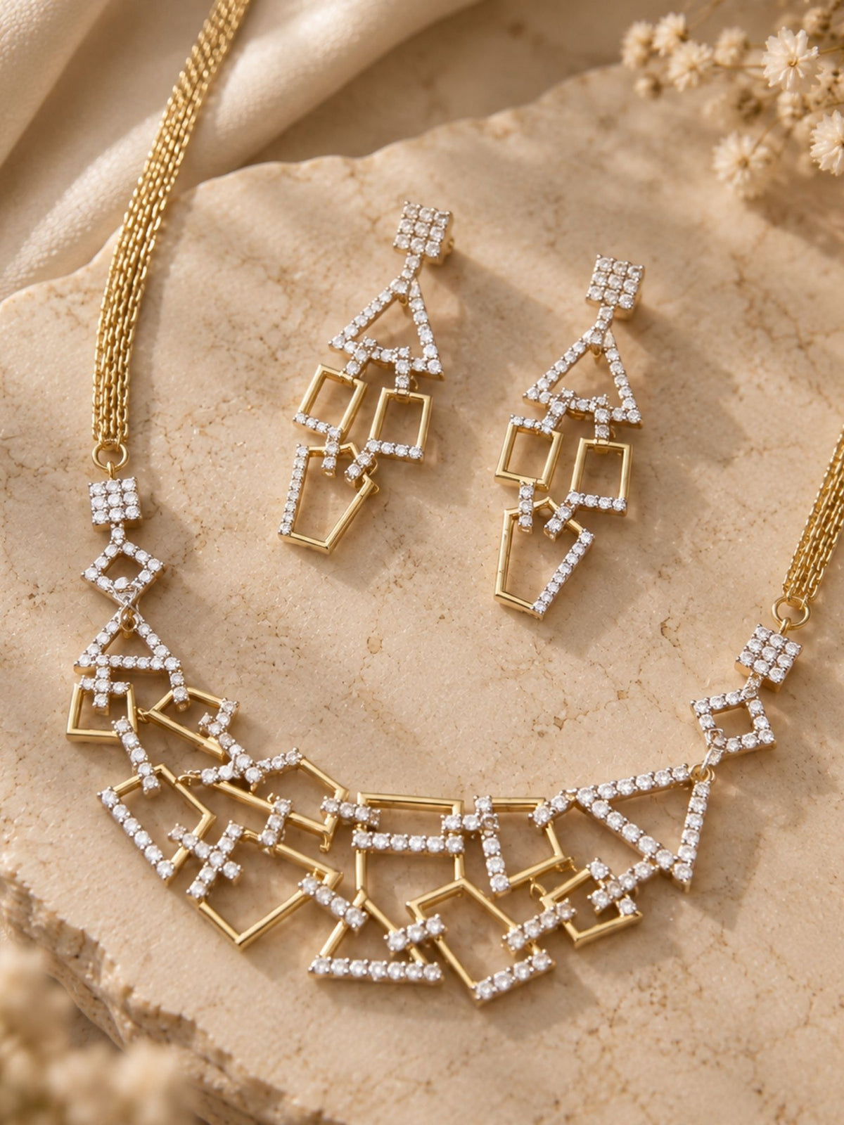 Dual Tone AD Stone Geometric Statement Necklace Set with Earrings