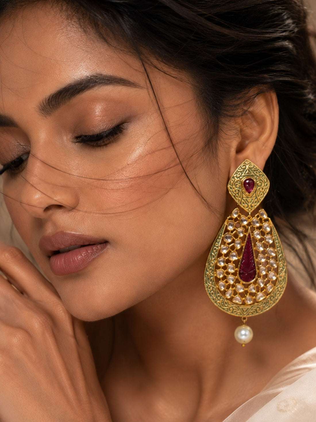 Ruby Green Kundan Statement Earrings – Pearl Drop Ethnic Earrings | Abdesigns Jewellery