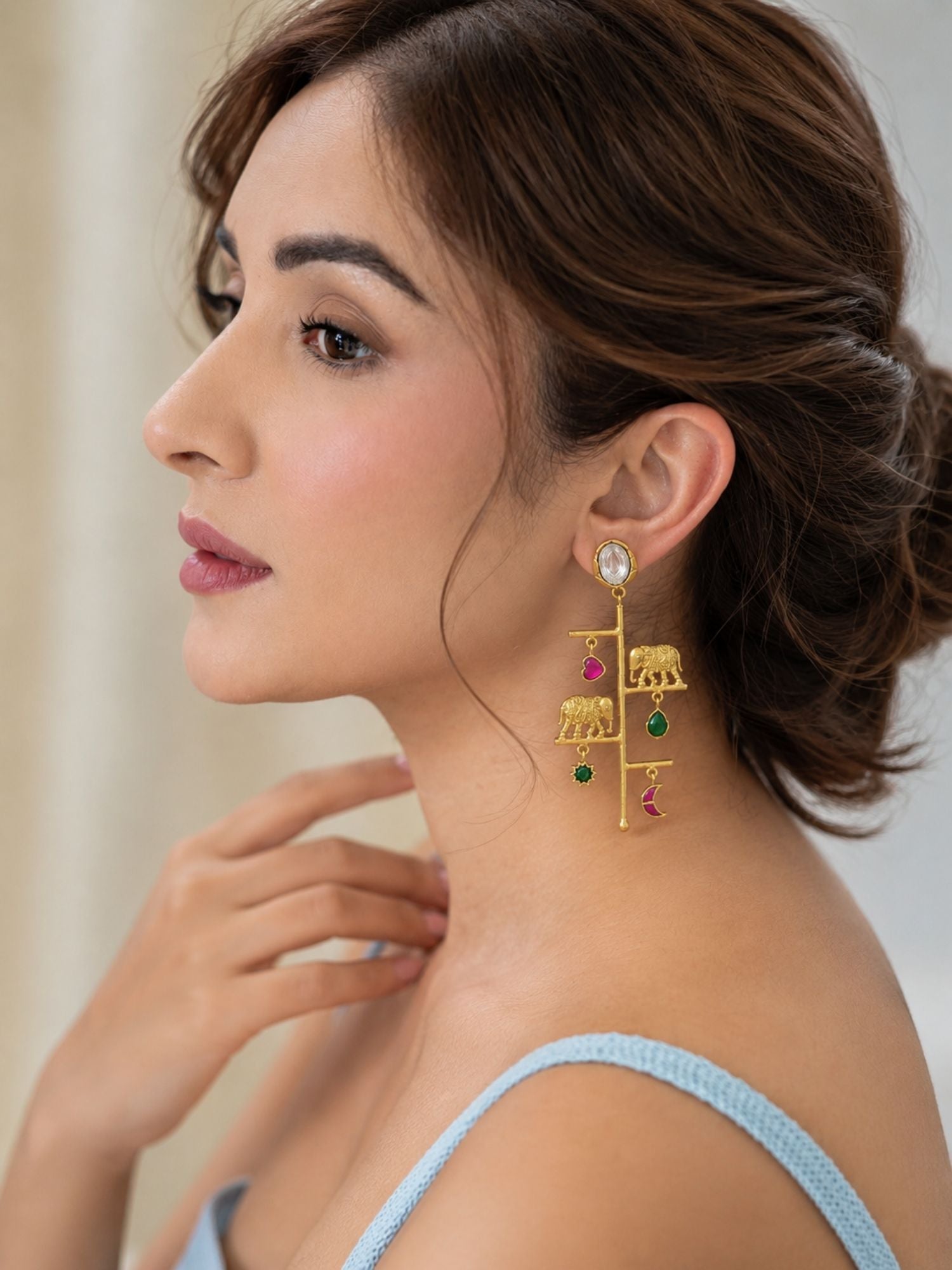 Gold Plated Multicolor Kundan Elephant Charm Long Drop Earrings for Women