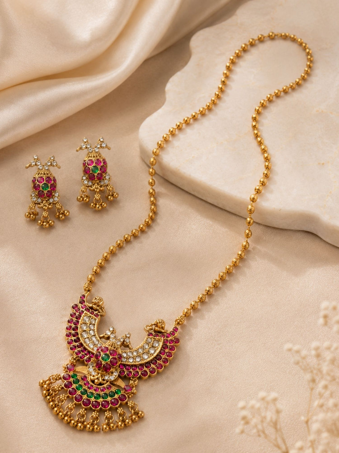 Peacock Temple Kempu Necklace Set in Gold Plating | Abdesigns Jewellery