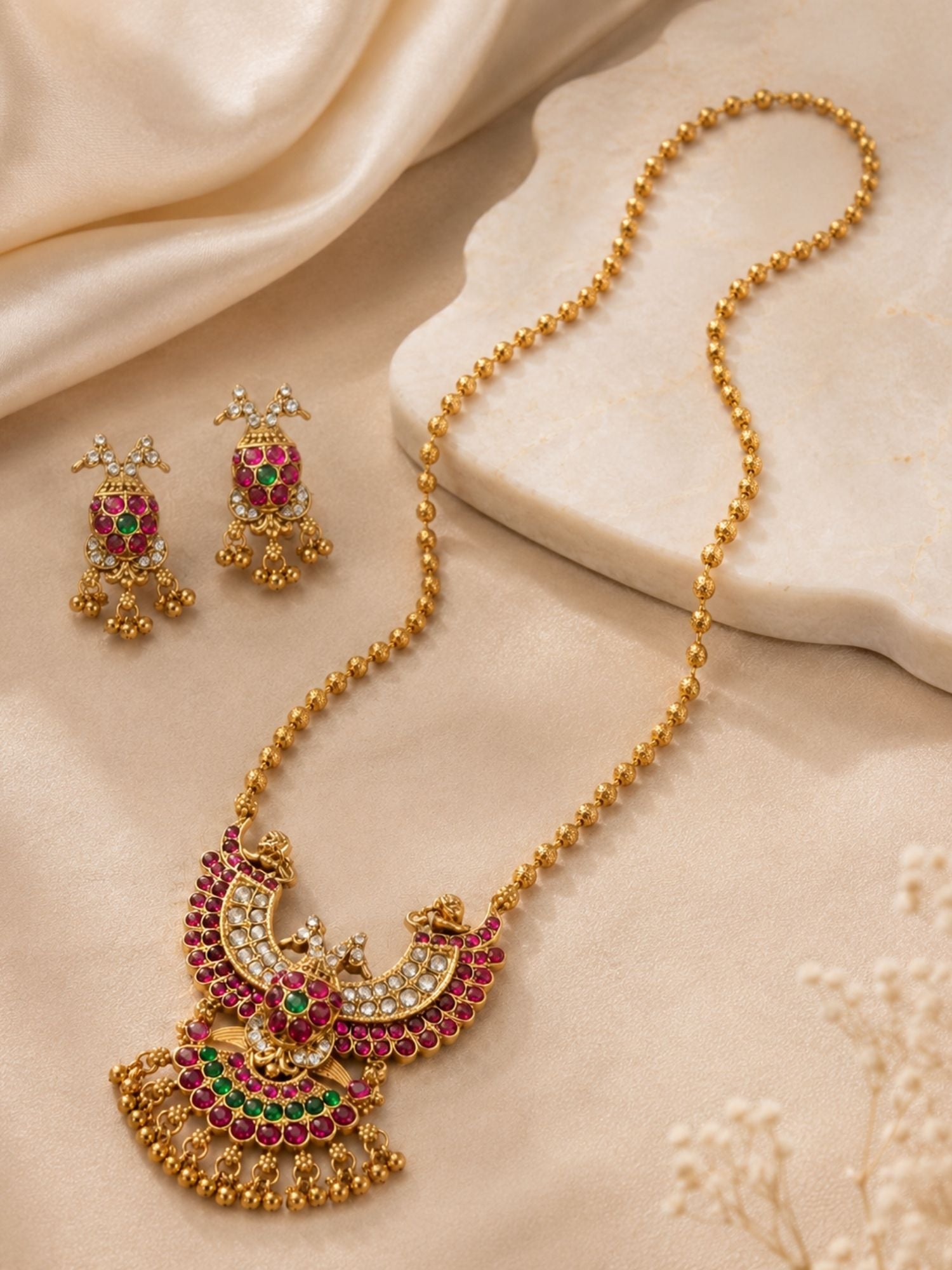Peacock Temple Kempu Necklace Set in Gold Plating | Abdesigns Jewellery