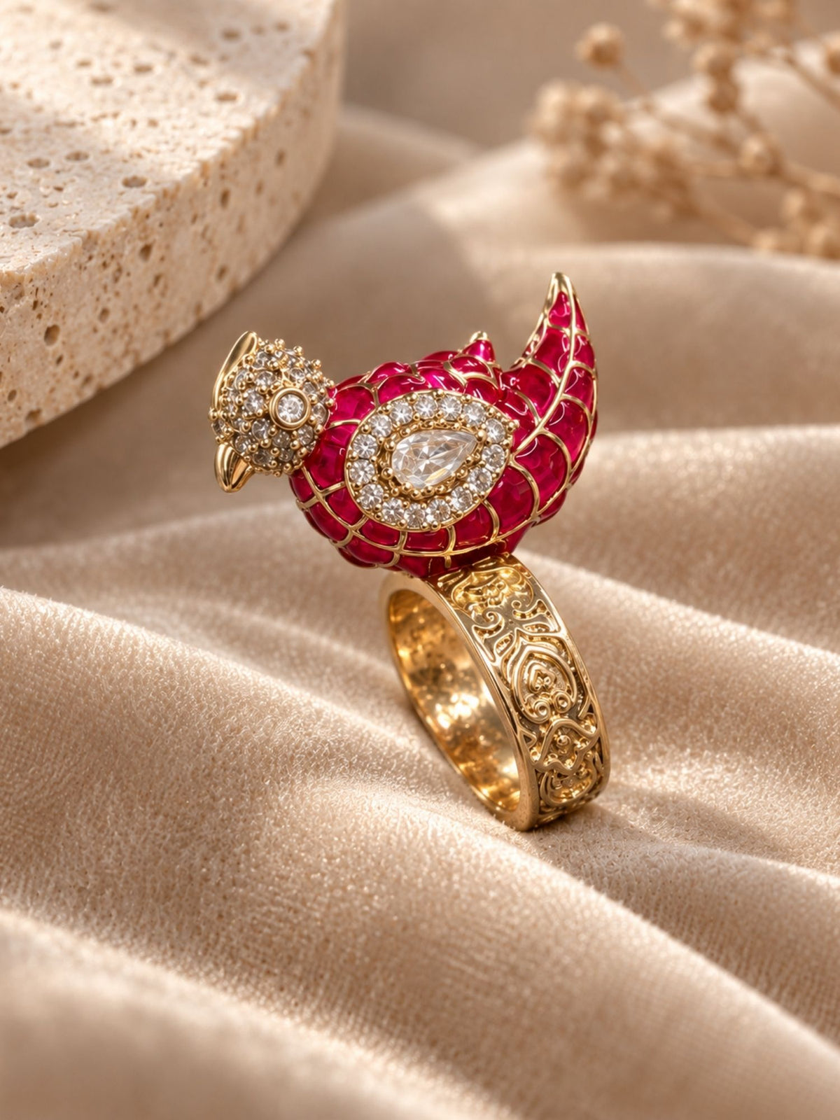 Gold Plated Meenakari Kundan Bird Statement Ring