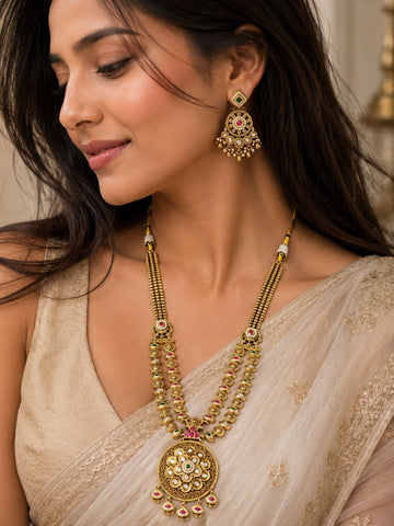 Round Gold Plated Kundan Polki Chorski Long Necklace Set | Abdesigns