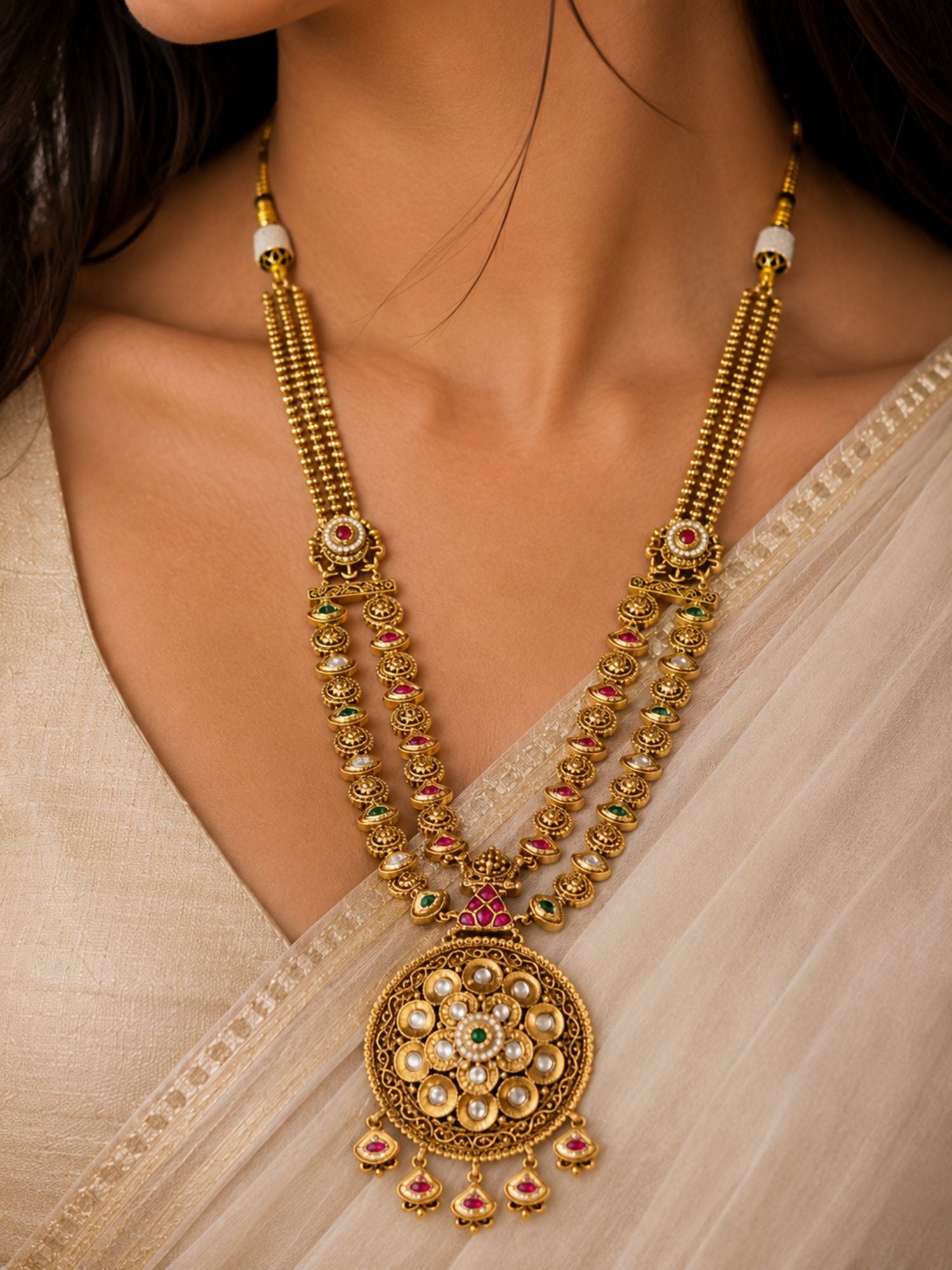 Round Gold Plated Kundan Polki Chorski Long Necklace Set | Abdesigns