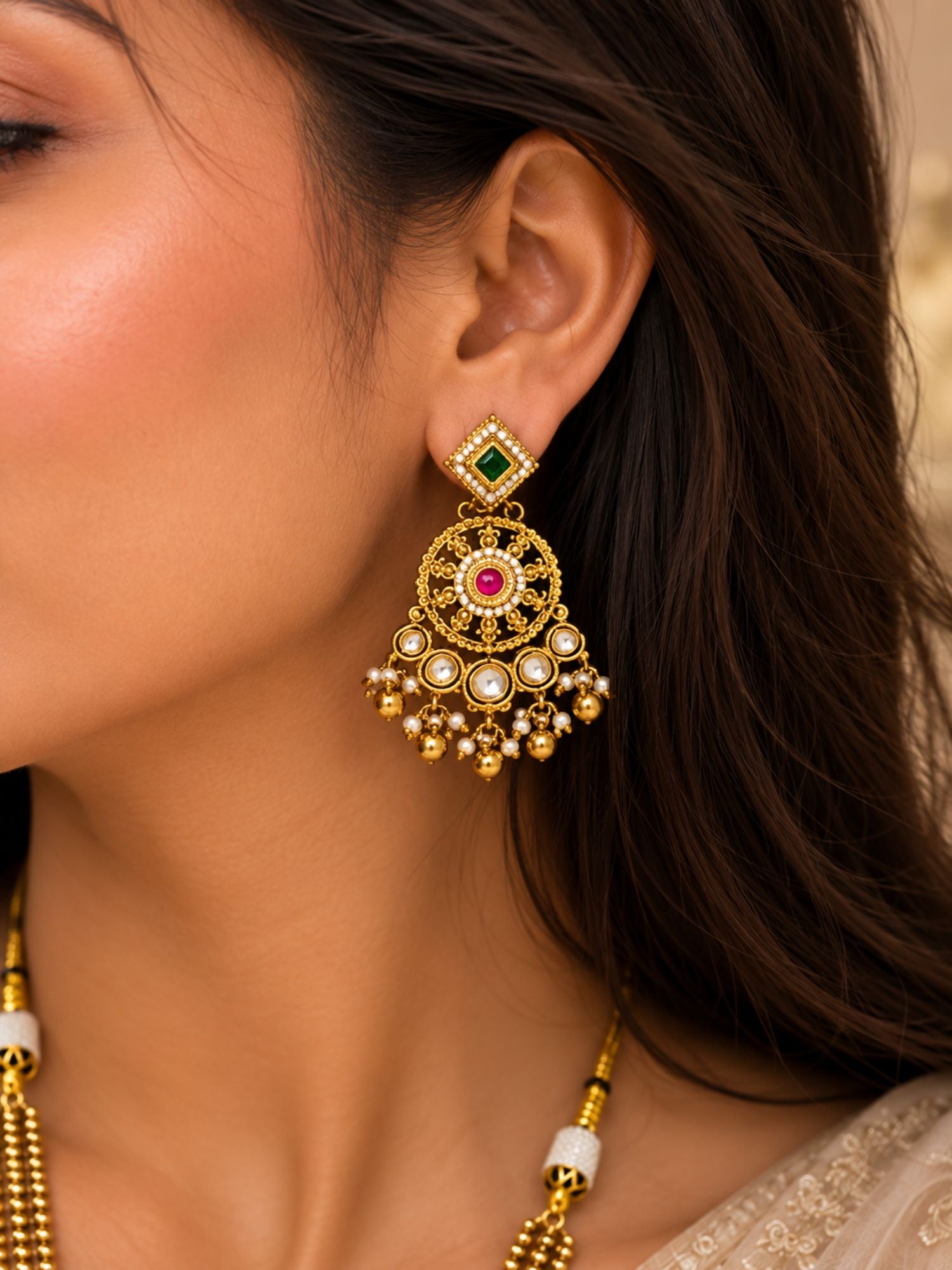 Round Gold Plated Kundan Polki Chorski Long Necklace Set | Abdesigns